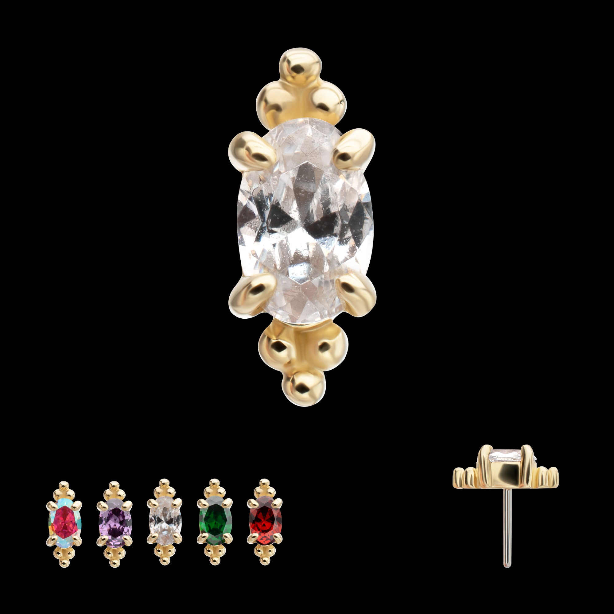 Low Profile Beaded Edge Prong Set Oval Gem Flatback Stud Earring / Nosering - Gem in 14Kt Yellow Gold