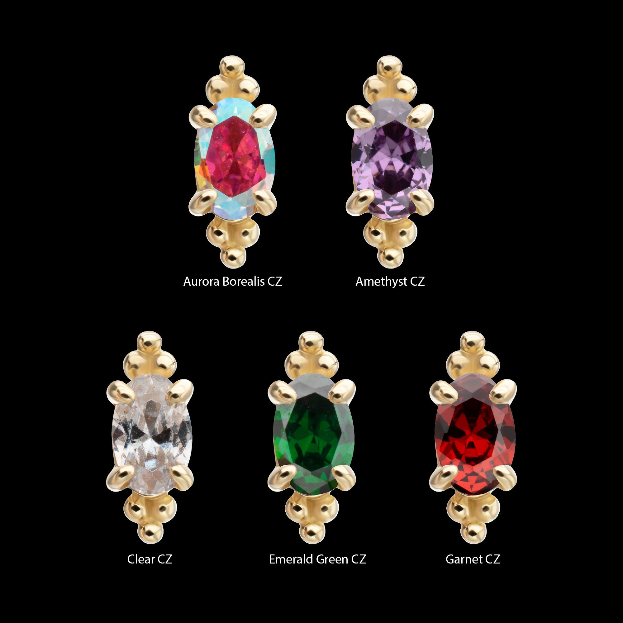 Low Profile Beaded Edge Prong Set Oval Gem Flatback Stud Earring / Nosering - Gem in 14Kt Yellow Gold