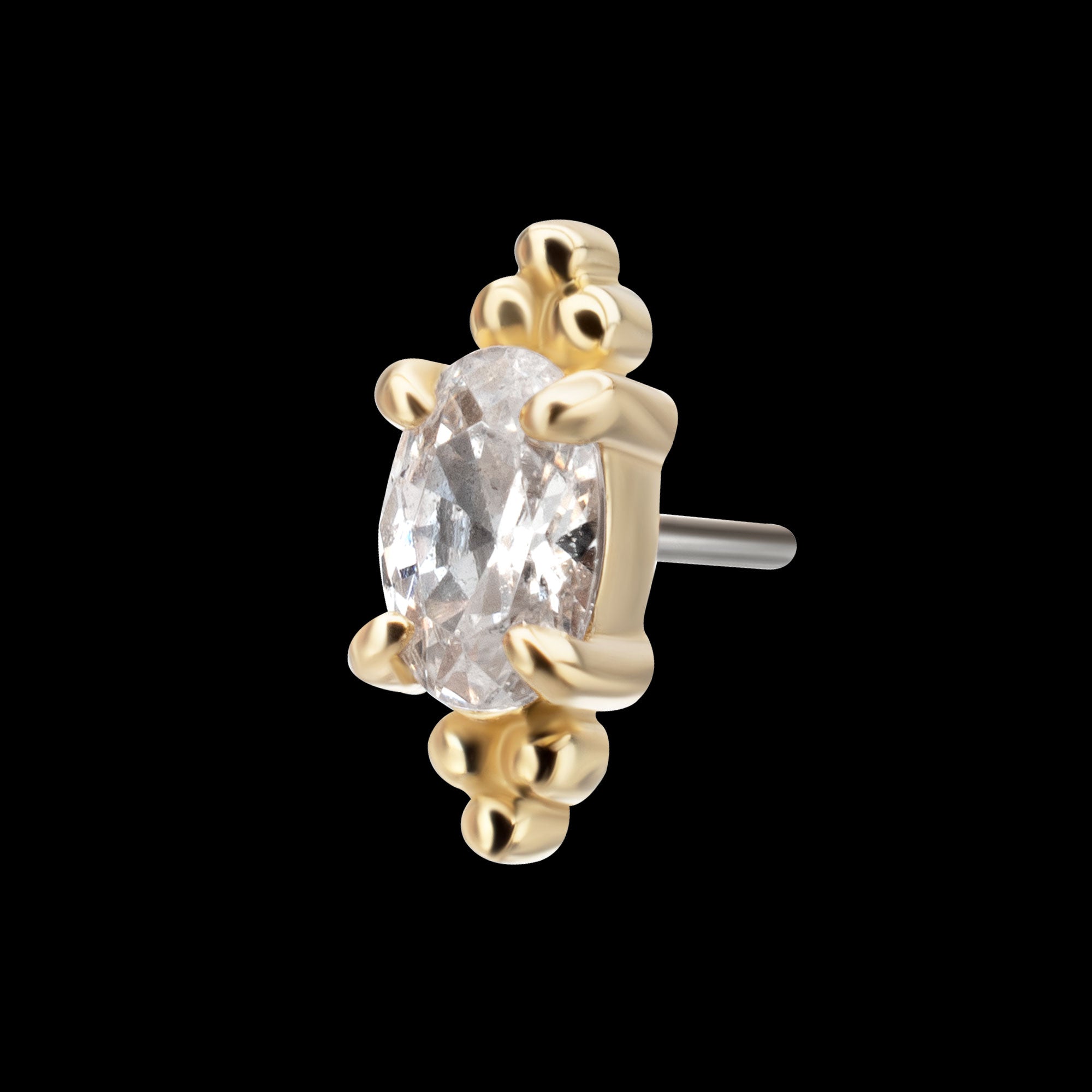Low Profile Beaded Edge Prong Set Oval Gem Flatback Stud Earring / Nosering - Gem in 14Kt Yellow Gold