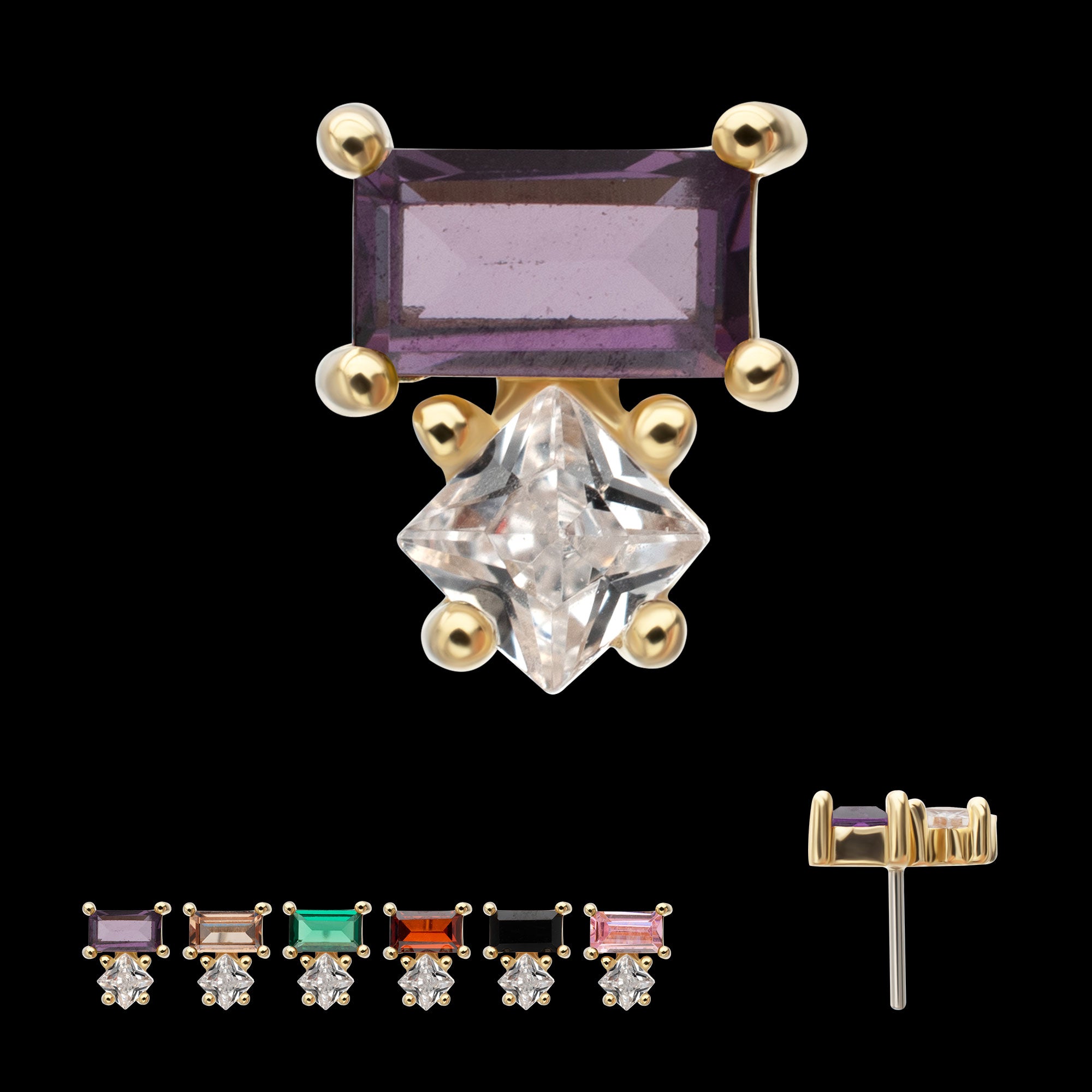 Baguette & Square Prong Set Multi-Gem Flatback Stud Earring / Nosering - Gem in 14Kt Yellow Gold