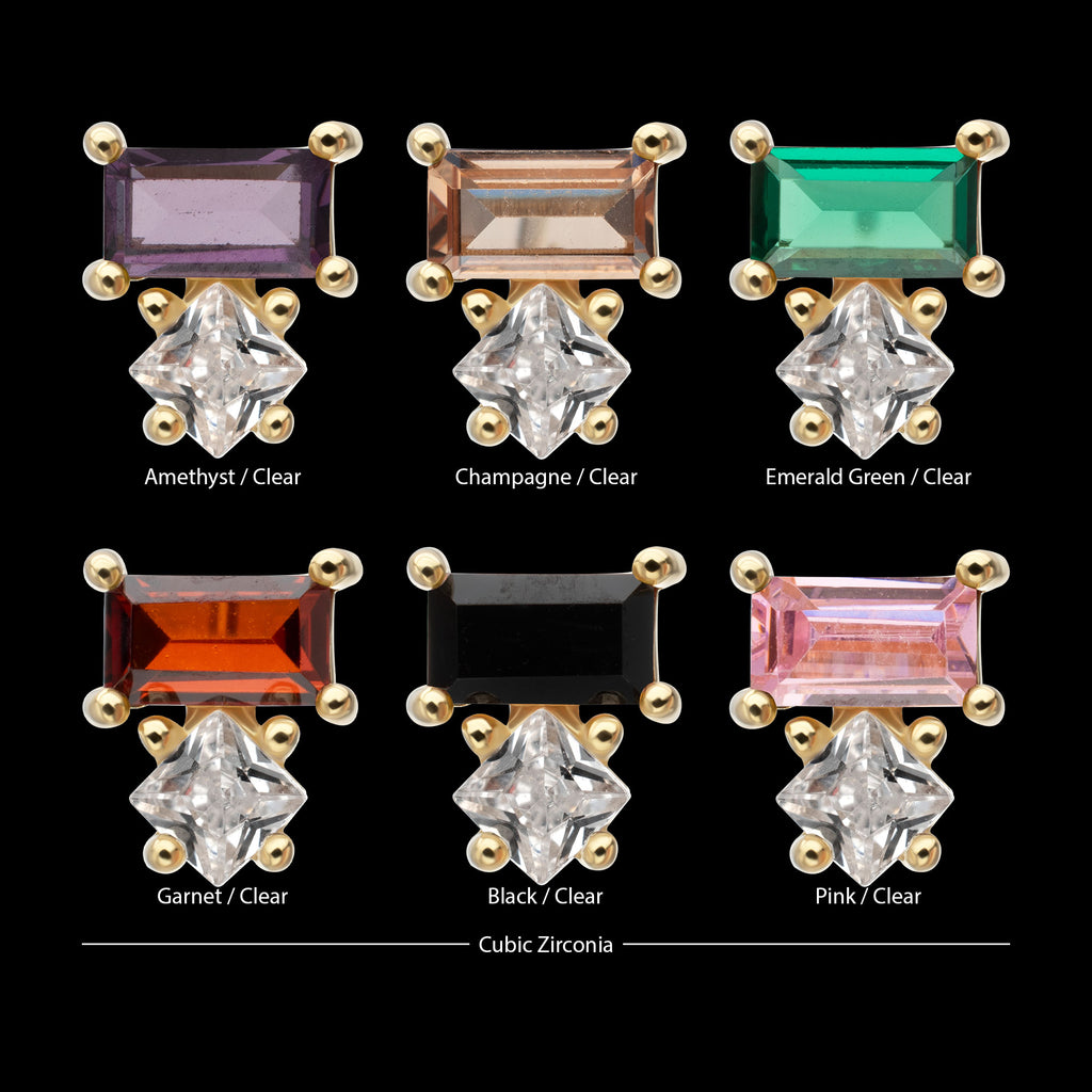 Baguette & Square Prong Set Multi-Gem Flatback Stud Earring / Nosering - Gem in 14Kt Yellow Gold