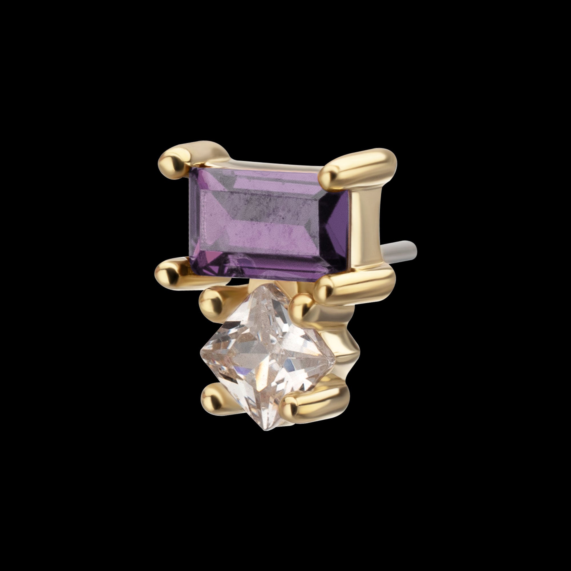 Baguette & Square Prong Set Multi-Gem Flatback Stud Earring / Nosering - Gem in 14Kt Yellow Gold