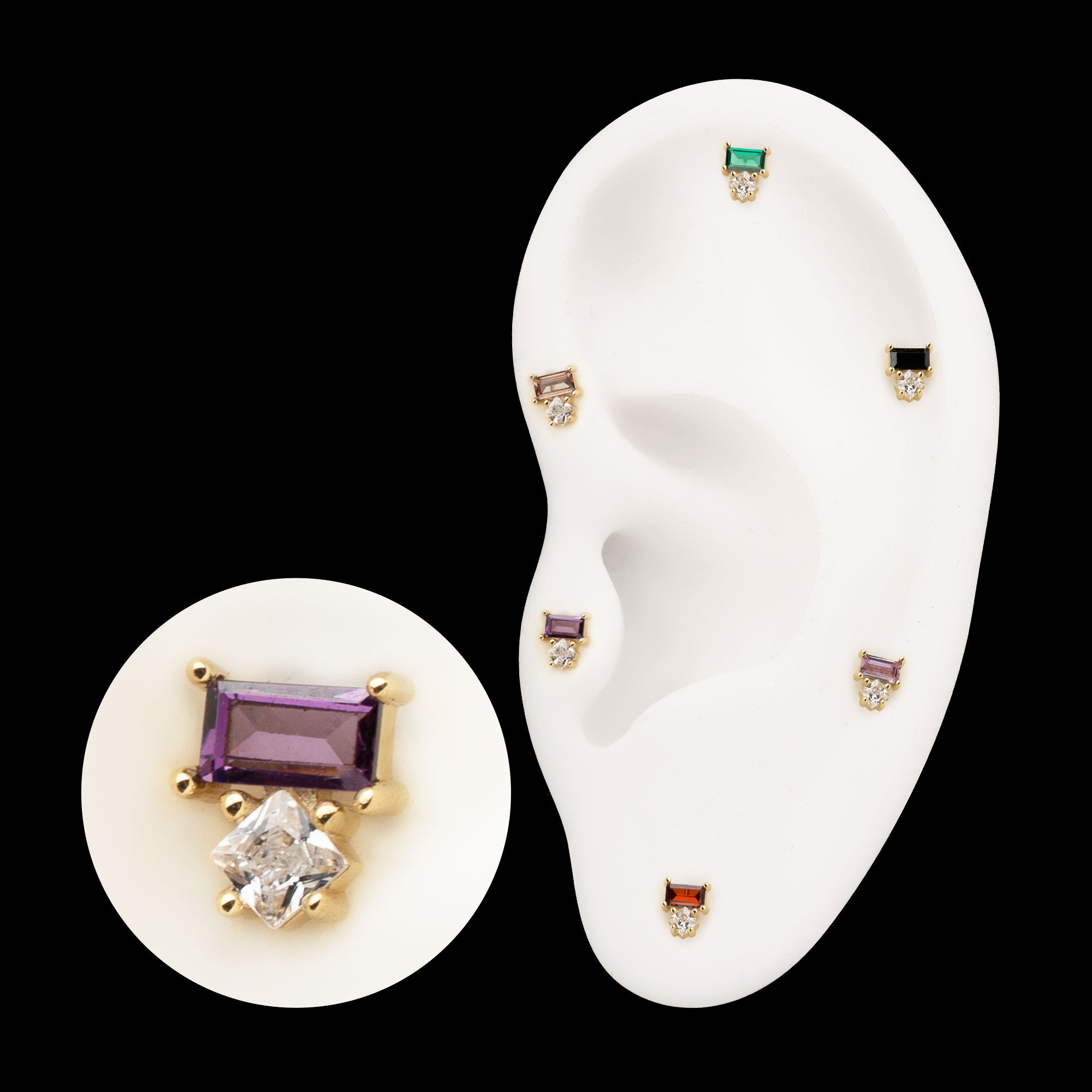 Baguette & Square Prong Set Multi-Gem Flatback Stud Earring / Nosering - Gem in 14Kt Yellow Gold