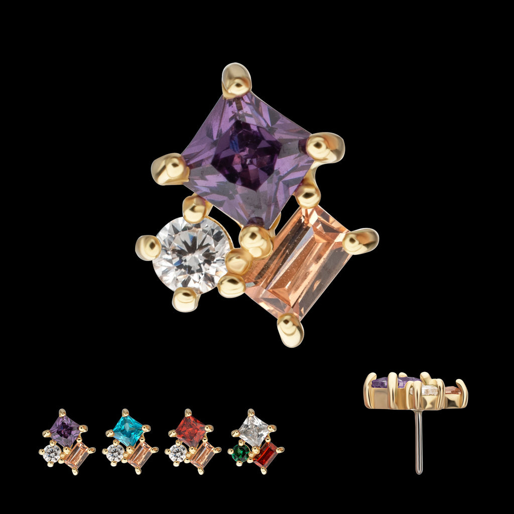 3-Cluster Round, Square & Baguette Prong Set Multi-Gem Flatback Stud Earring / Nosering - Gem in 14Kt Yellow Gold