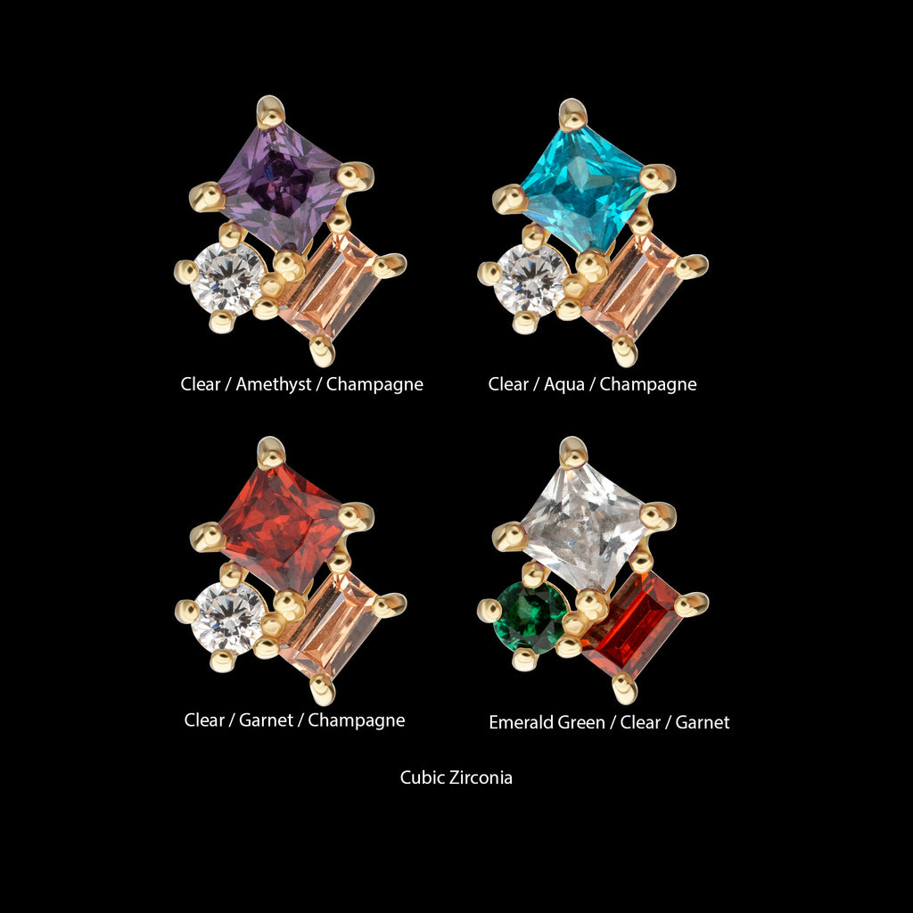 3-Cluster Round, Square & Baguette Prong Set Multi-Gem Flatback Stud Earring / Nosering - Gem in 14Kt Yellow Gold