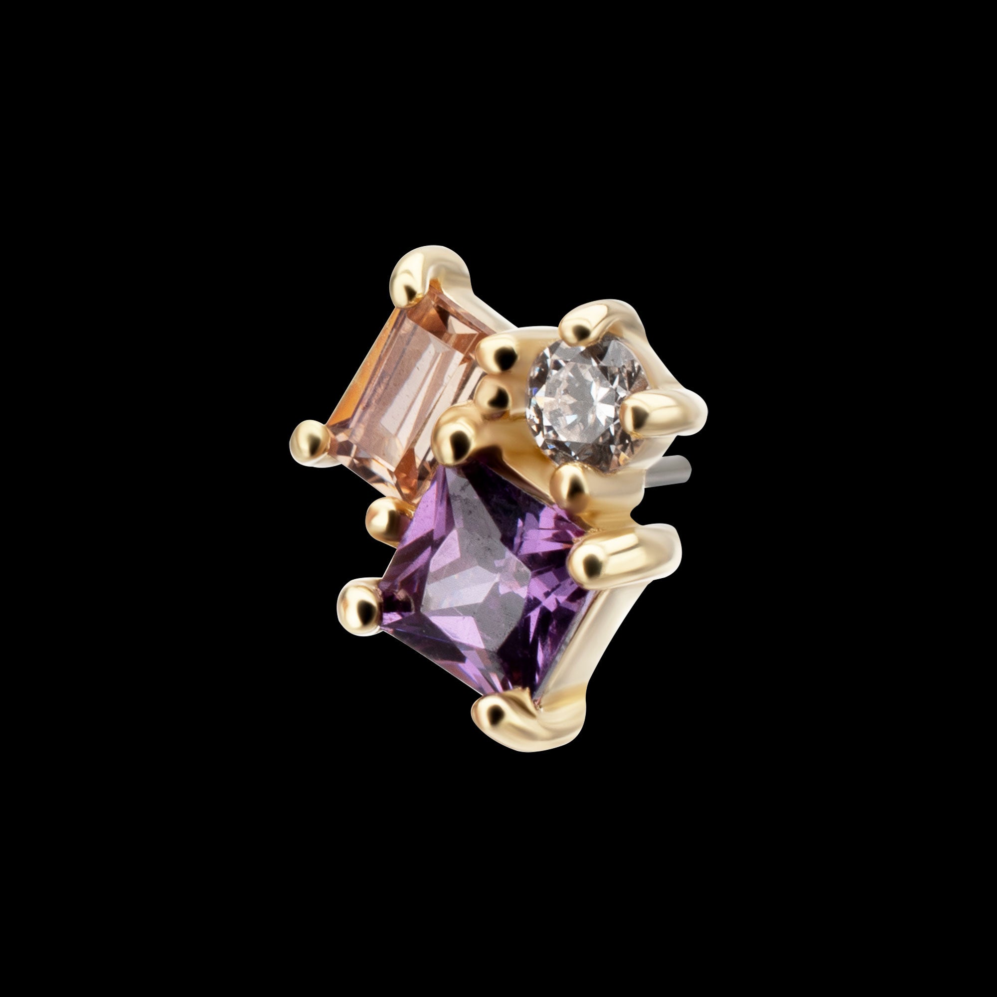3-Cluster Round, Square & Baguette Prong Set Multi-Gem Flatback Stud Earring / Nosering - Gem in 14Kt Yellow Gold