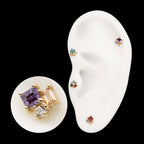 3-Cluster Round, Square & Baguette Prong Set Multi-Gem Flatback Stud Earring / Nosering - Gem in 14Kt Yellow Gold