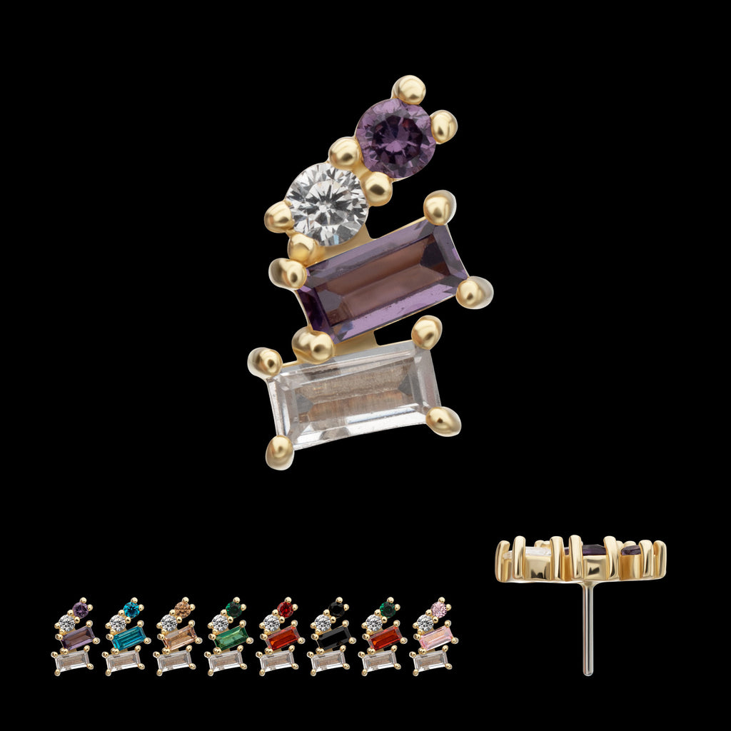 4-Staggered Baguette Cluster Prong Set Multi-Gem Flatback Stud Earring / Nosering - Gem in 14Kt Yellow Gold