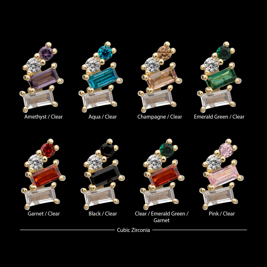 4-Staggered Baguette Cluster Prong Set Multi-Gem Flatback Stud Earring / Nosering - Gem in 14Kt Yellow Gold