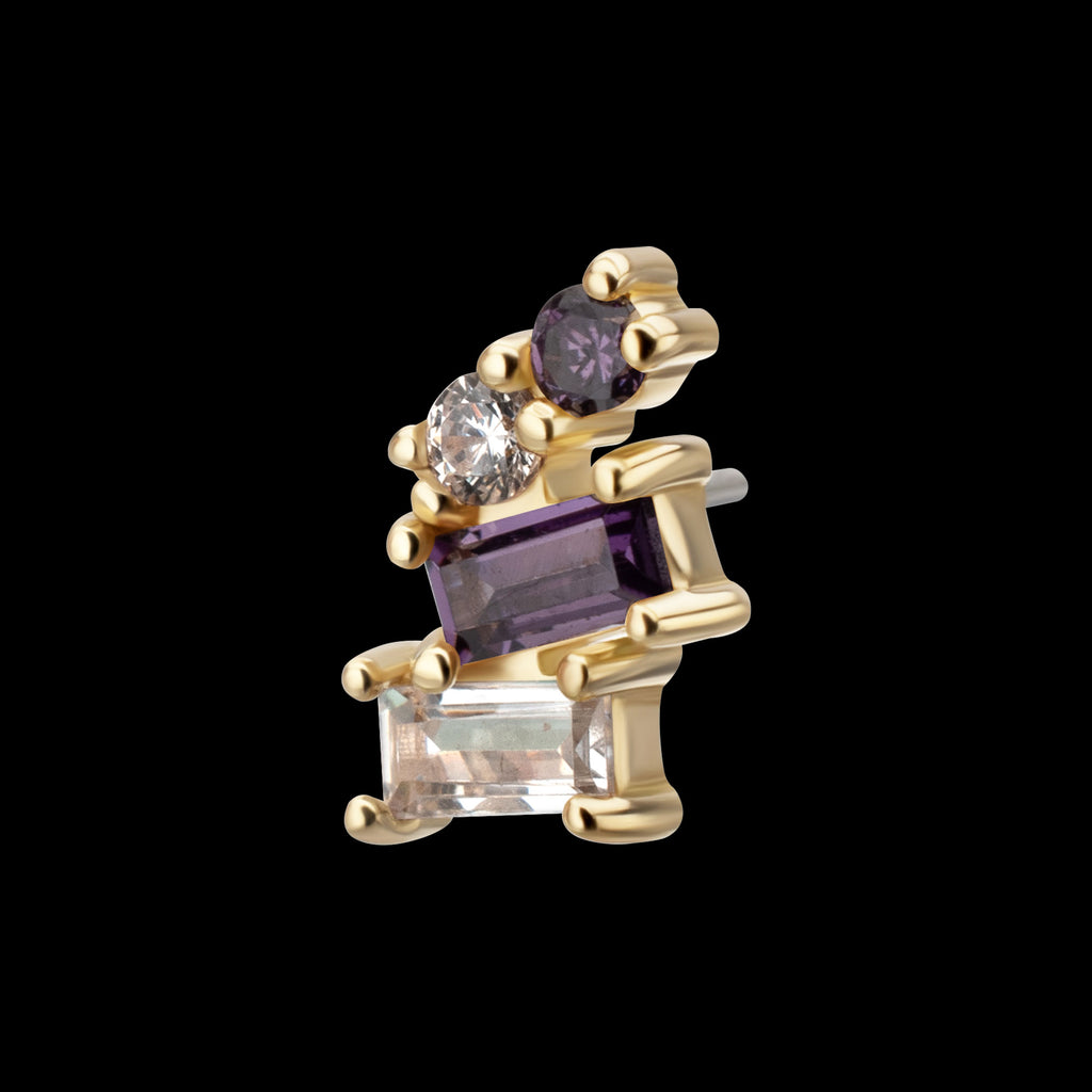 4-Staggered Baguette Cluster Prong Set Multi-Gem Flatback Stud Earring / Nosering - Gem in 14Kt Yellow Gold