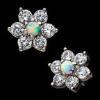 6-Clear CZs and White Synthetic Opal Flatback Stud Earring / Nosering - Synthetic Opal & Clear CZ & Opal in 14Kt White Gold