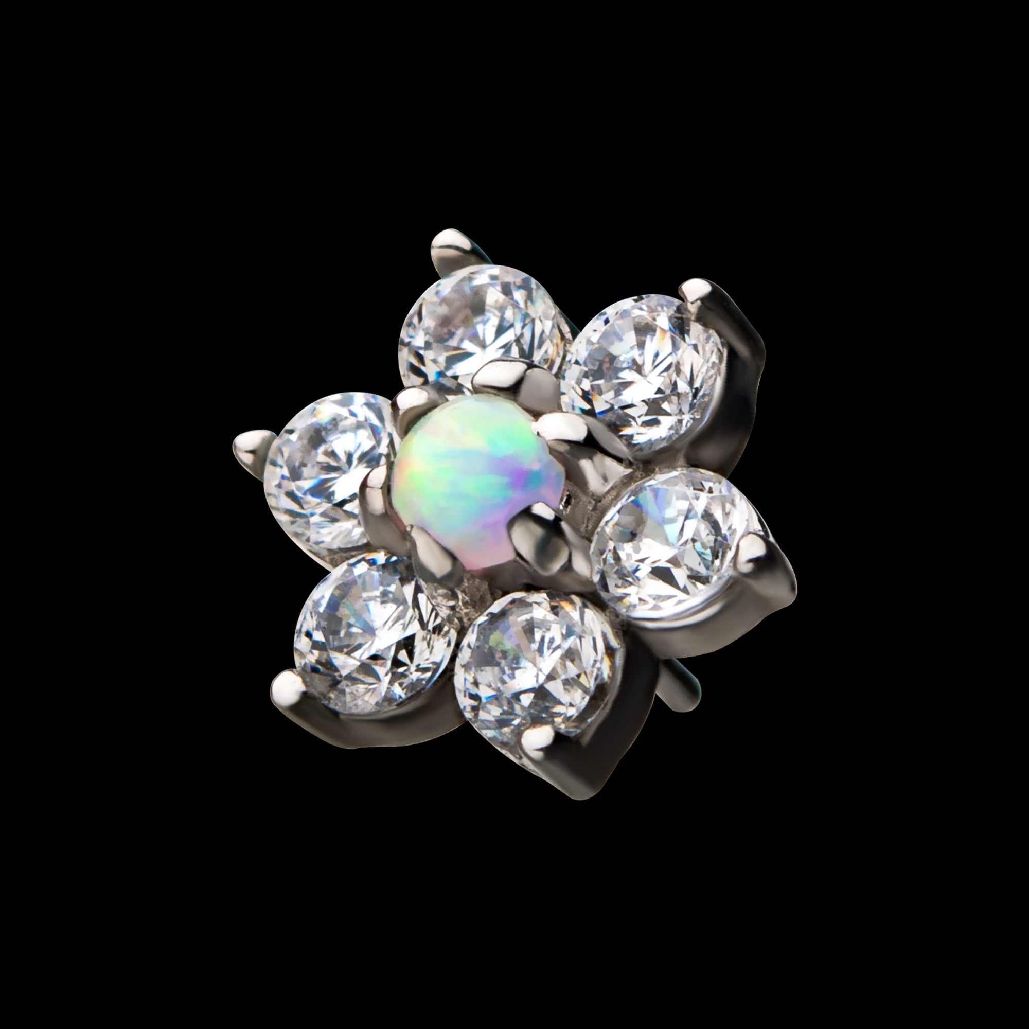 6-Clear CZs and White Synthetic Opal Flatback Stud Earring / Nosering - Synthetic Opal & Clear CZ & Opal in 14Kt White Gold