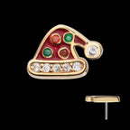 Clear/Garnet/Green Gem with Red Enamel Santa Hat Flatback Stud Earring / Nosering - Garnet in 14Kt Yellow Gold
