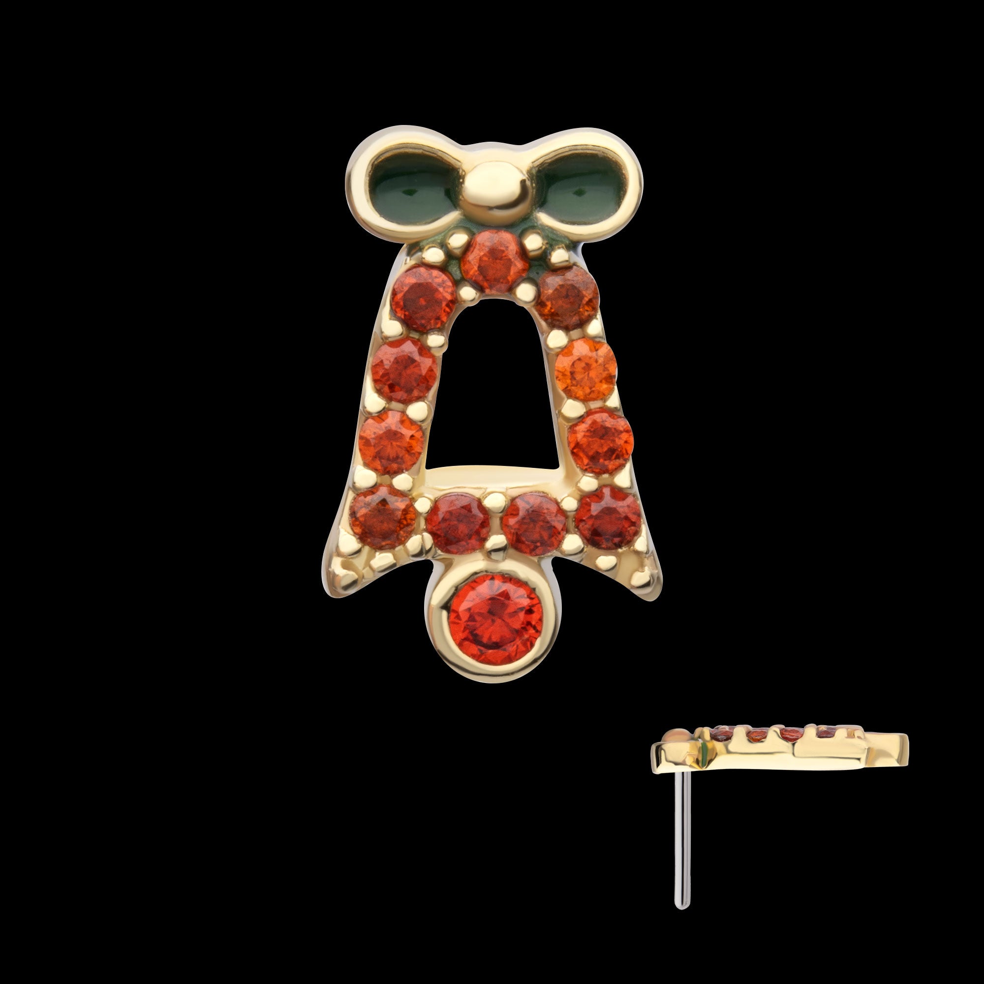 Garnet Gem with Green Enamel Christmas Bell Flatback Stud Earring / Nosering - Garnet in 14Kt Yellow Gold