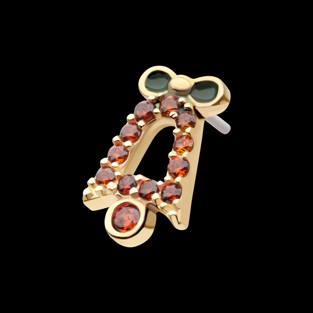 Garnet Gem with Green Enamel Christmas Bell Flatback Stud Earring / Nosering - Garnet in 14Kt Yellow Gold
