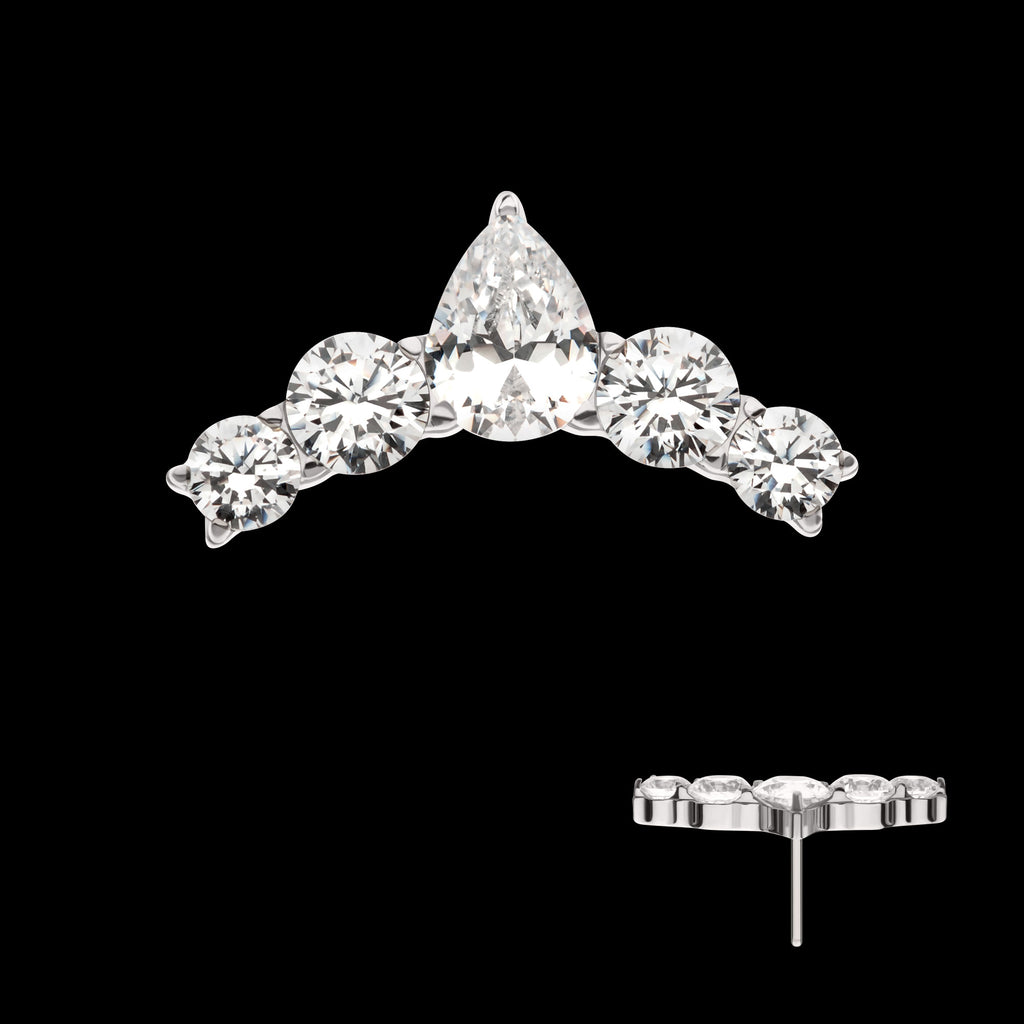 Curved Bar with Round & Teadrop Gem Cluster Flatback Stud Earring / Nosering - Gem in 14Kt White Gold
