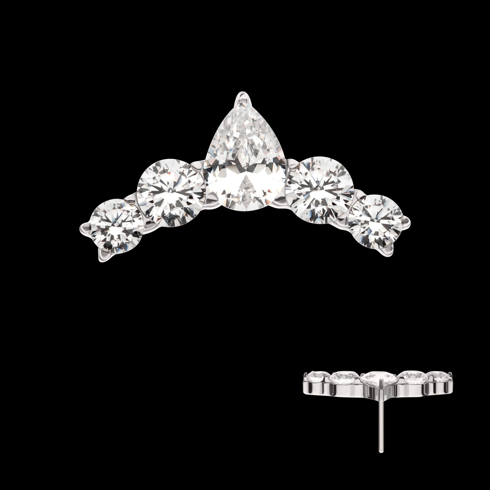 Curved Bar with Round & Teadrop Gem Cluster Flatback Stud Earring / Nosering - Gem in 14Kt White Gold