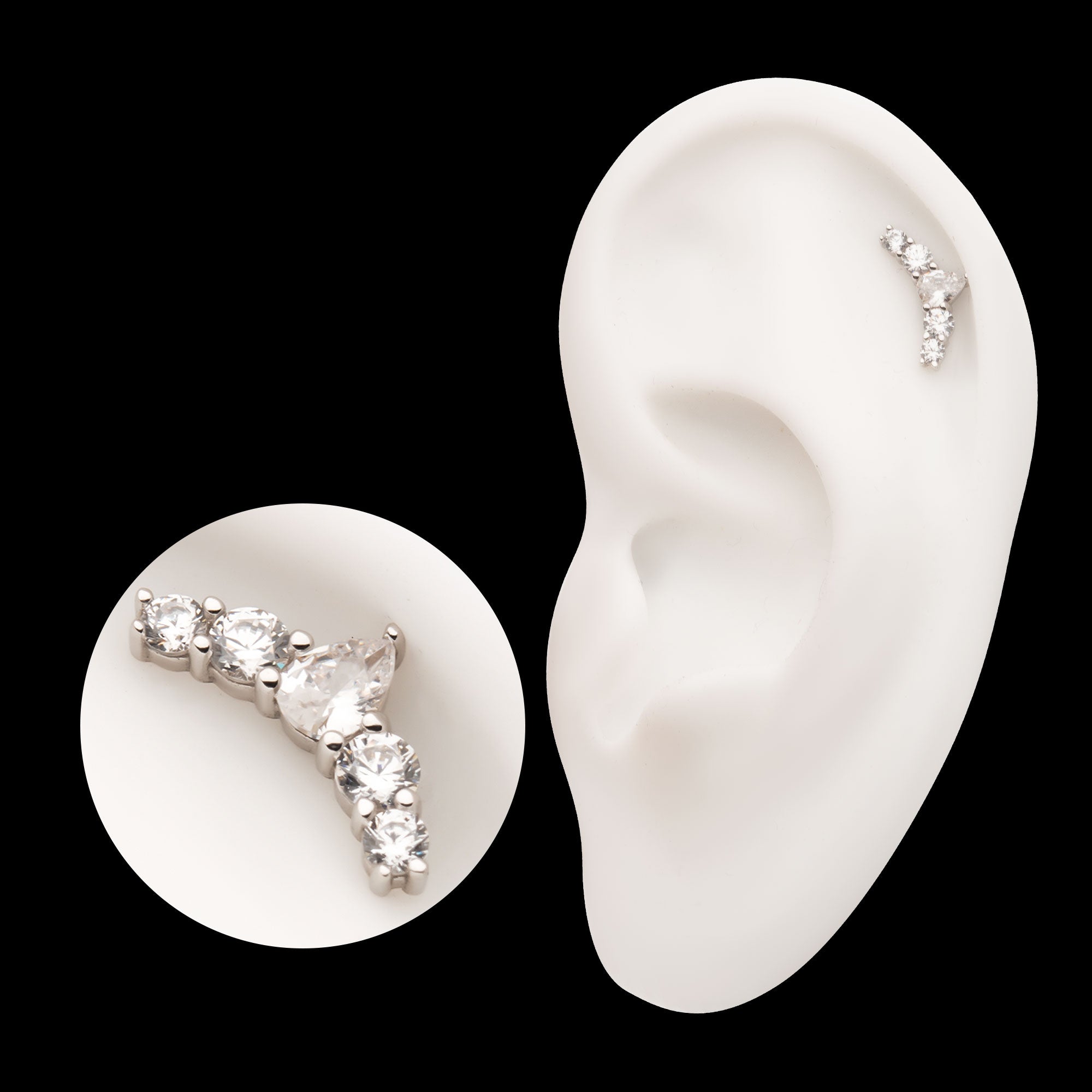 Curved Bar with Round & Teadrop Gem Cluster Flatback Stud Earring / Nosering - Gem in 14Kt White Gold
