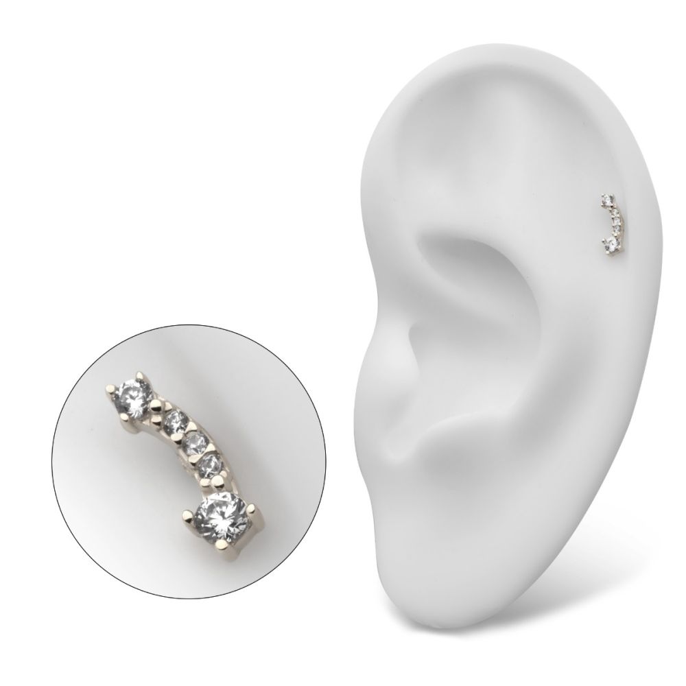 Curved Bar Threadless Earring / Nosering Top – 5 Clear CZ in 14Kt White Gold