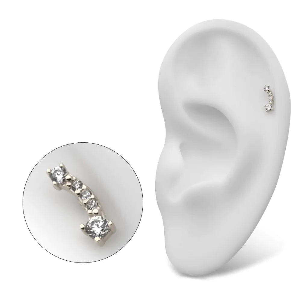 Curved Bar Threadless Earring / Nosering Top – 5 Clear CZ in 14Kt White Gold