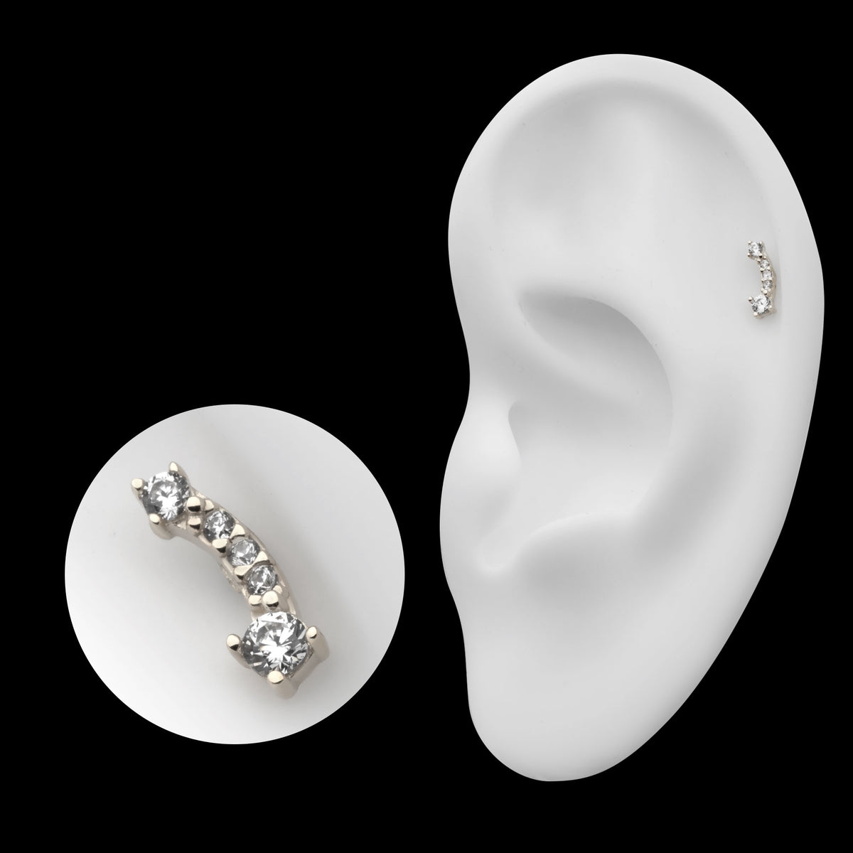 Curved Bar Threadless Earring / Nosering Top – 5 Clear CZ in 14Kt White Gold