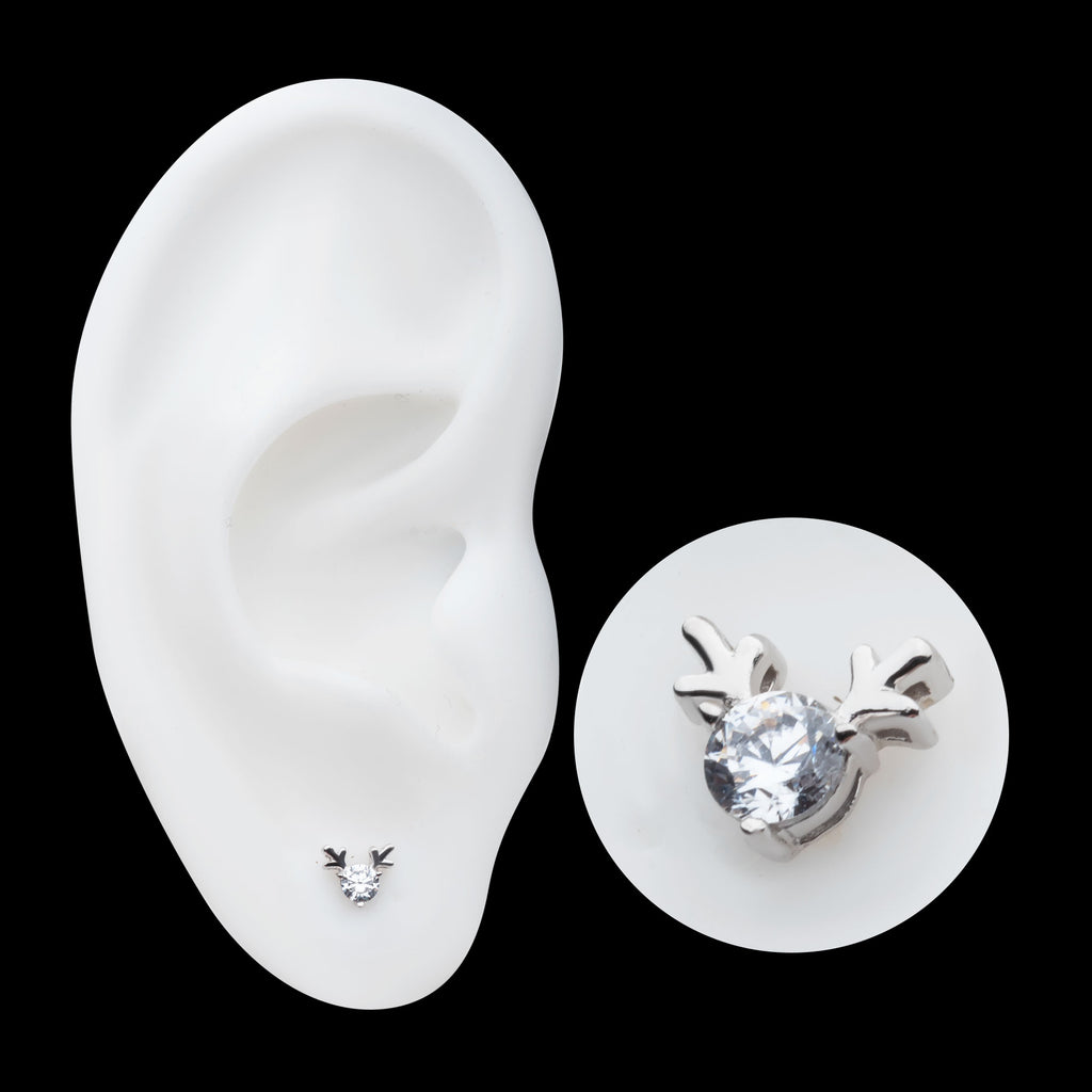 Prong Set 3mm Clear CZ Reindeer Flatback Stud Earring / Nosering - Clear CZ in 14Kt White Gold