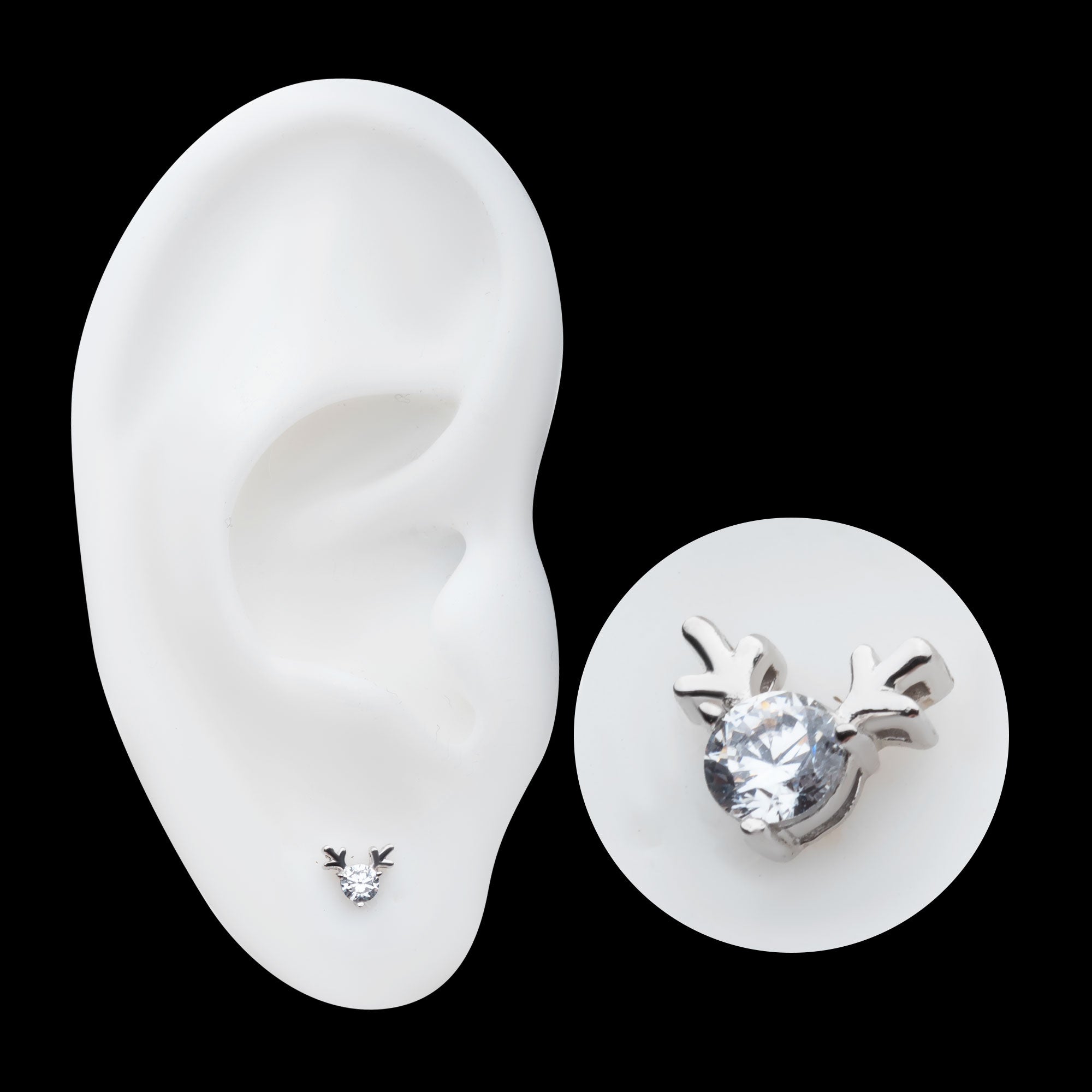 Prong Set 3mm Clear CZ Reindeer Flatback Stud Earring / Nosering - Clear CZ in 14Kt White Gold