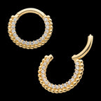 Prong Set Clear CZ Beaded Edge Front Facing Hinged Segment Clicker Hoop Earring / Nosering – 14Kt Yellow Gold