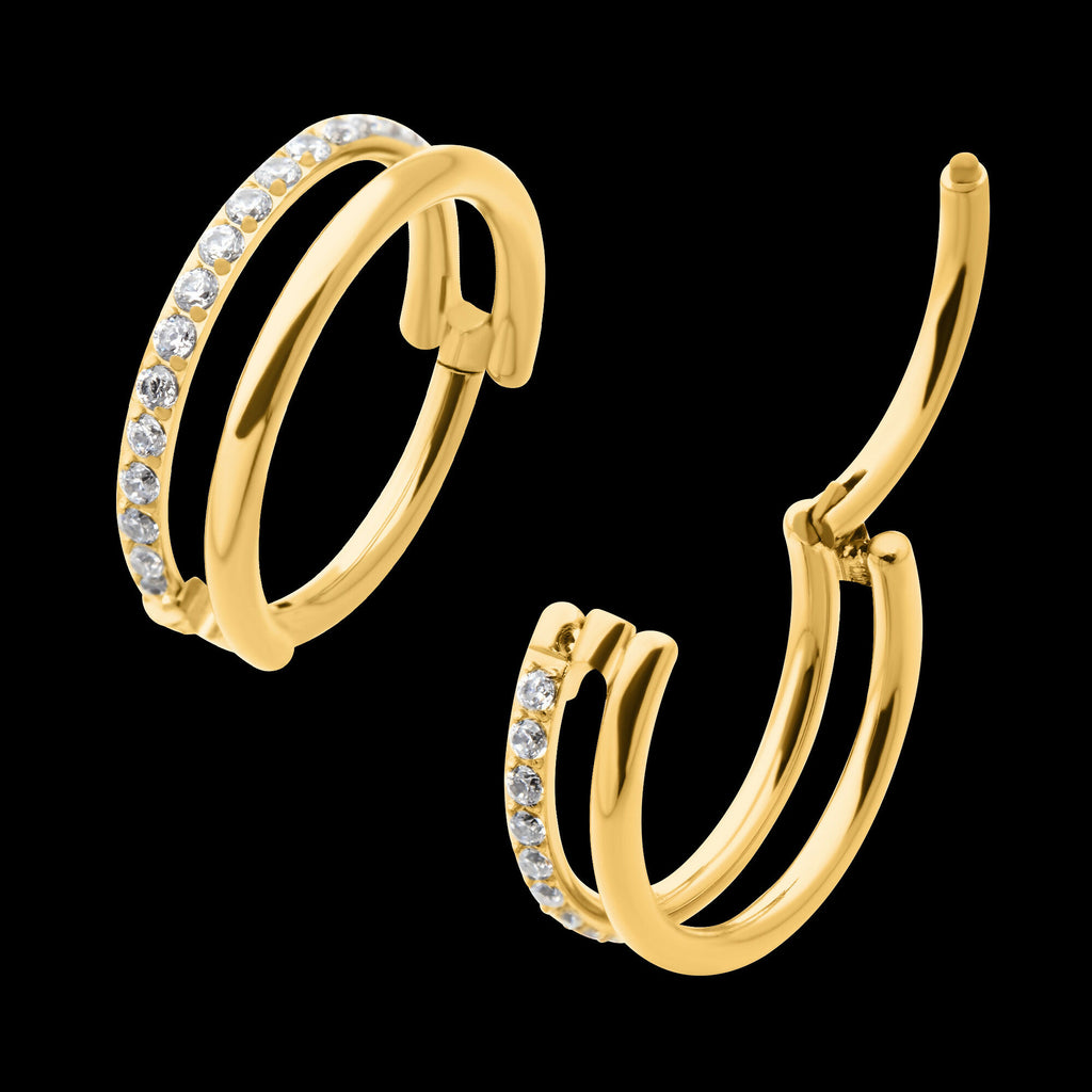 24Kt Gold PVD Titanium Side Facing Hinged Segment Clicker with Single Hoop Full Clear CNC Set Round CZ Earring / Nosering