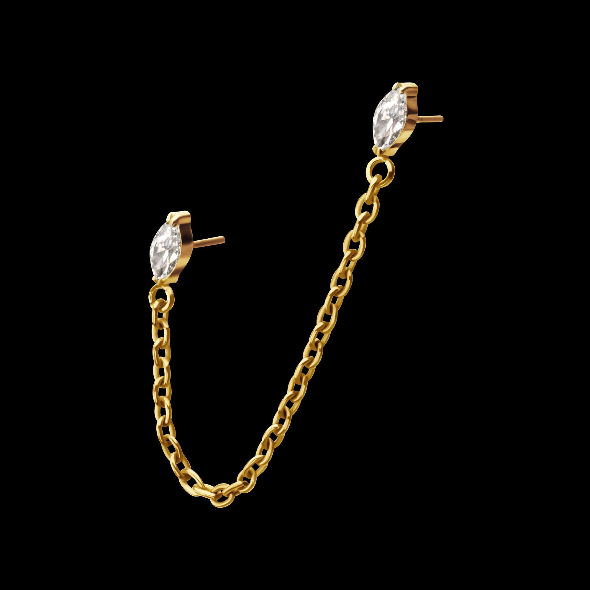 24Kt Gold PVD Titanium Threadless Double Prong Set Marquise Gem Top with Rolo Chain Dangle