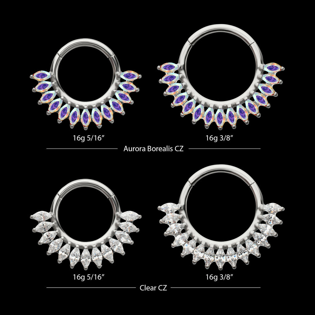 Prong Set Marquise Gem Cluster Fan Front Facing Hinged Segment Clicker Hoop Earring / Nosering – Titanium