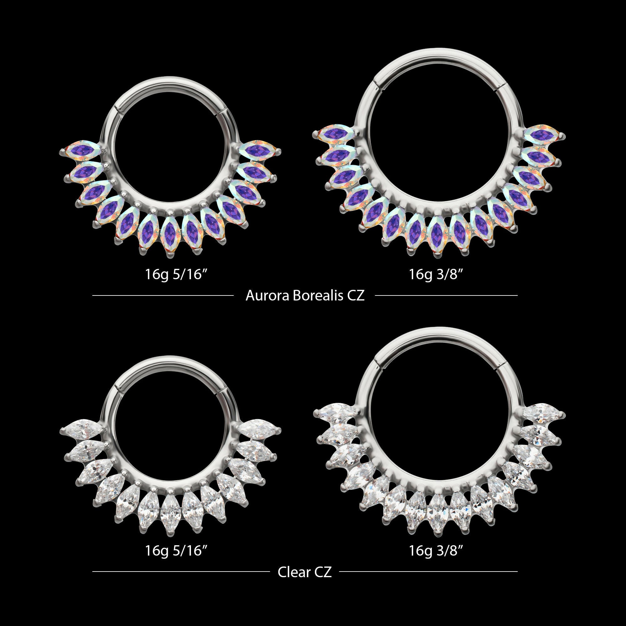 Prong Set Marquise Gem Cluster Fan Front Facing Hinged Segment Clicker Hoop Earring / Nosering – Titanium