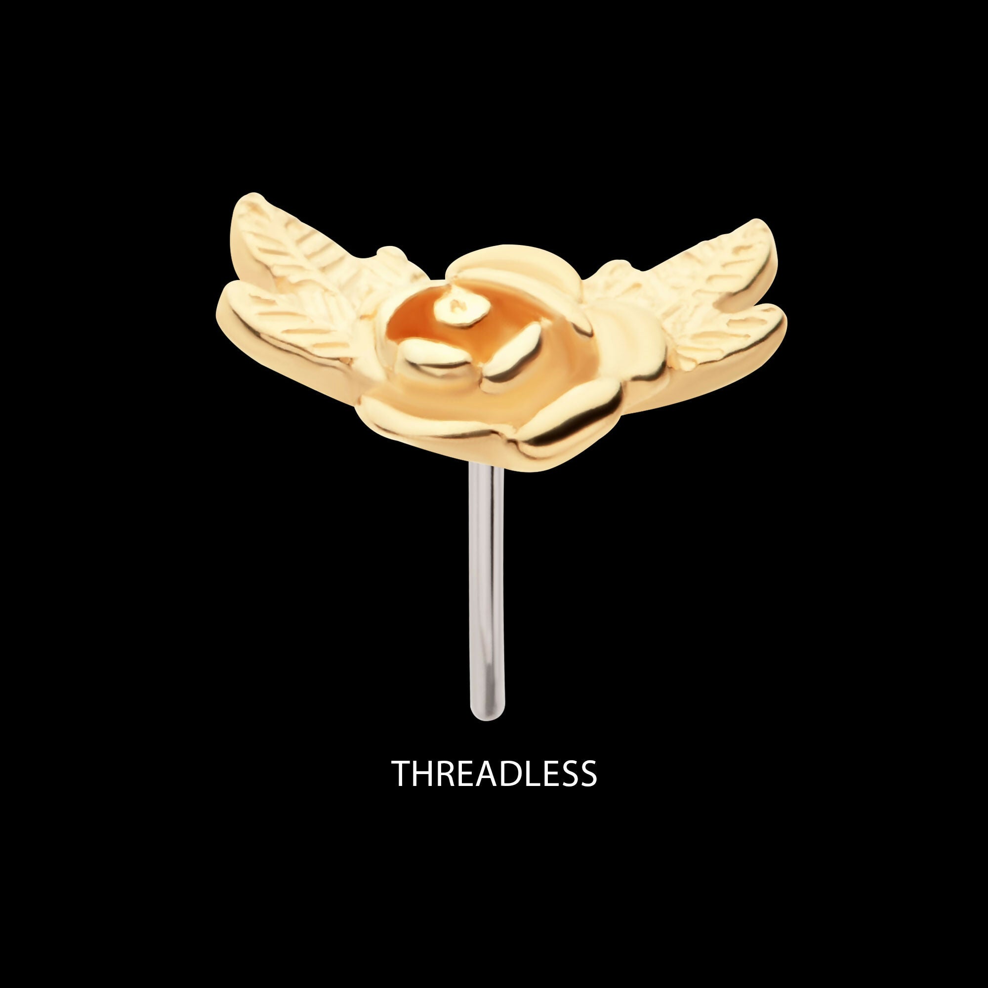 14Kt Yellow Gold Threadless Angled Rose with Leaves Top