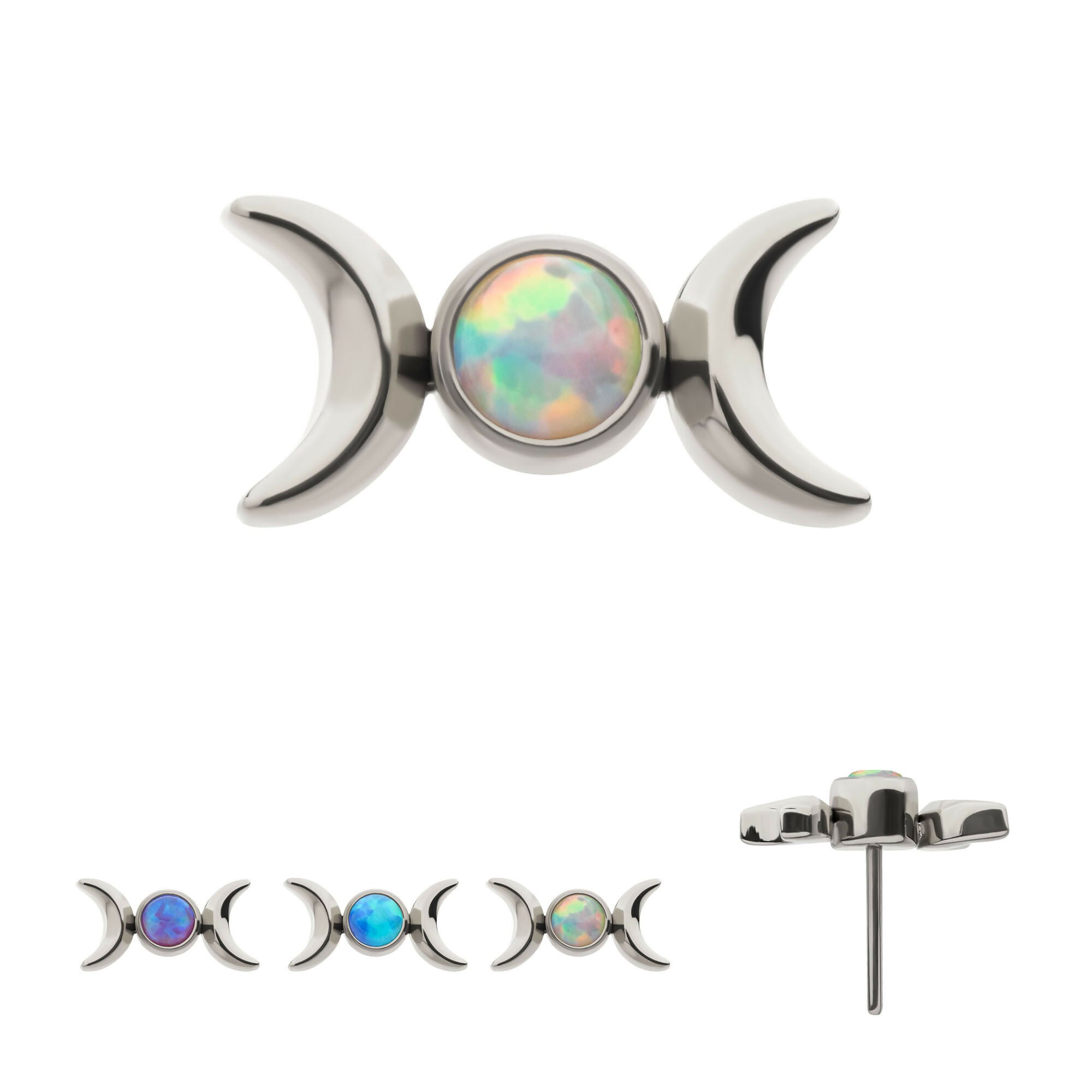 Bezel Set Round Opal Triple Moon Phase Flatback Stud Earring / Nosering - Opal in Titanium