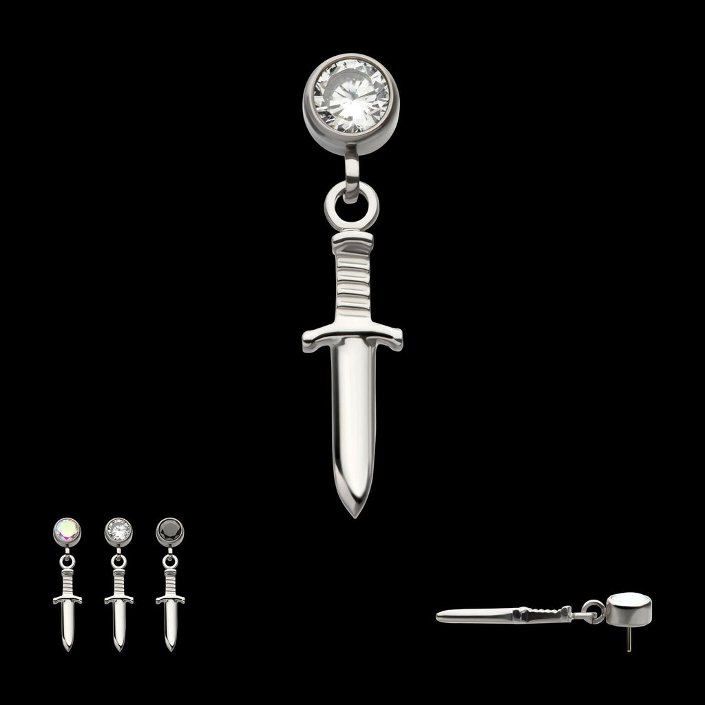 Titanium Threadless Bezel Round CZ Dangle Dagger Top