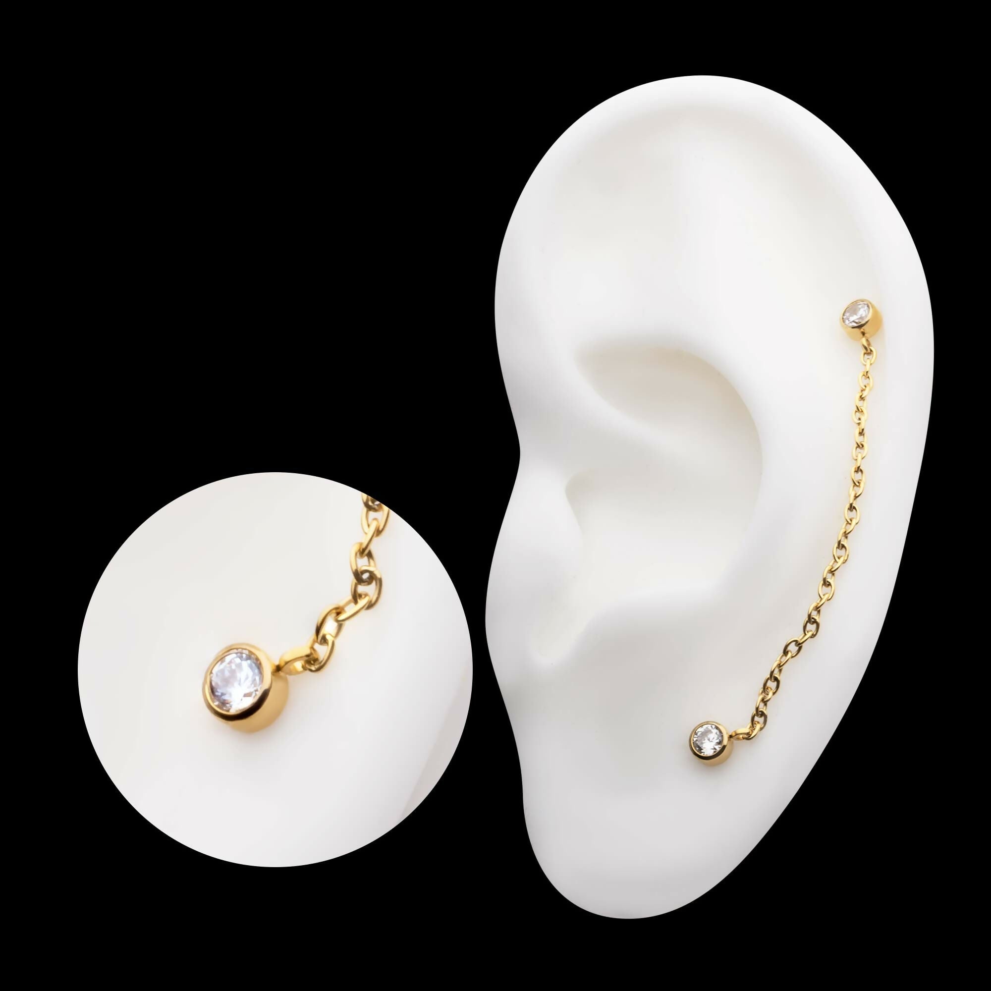 24Kt Gold PVD Titanium Threadless Duo Bezel Round CZ with Rolo Chain Dangle Tops