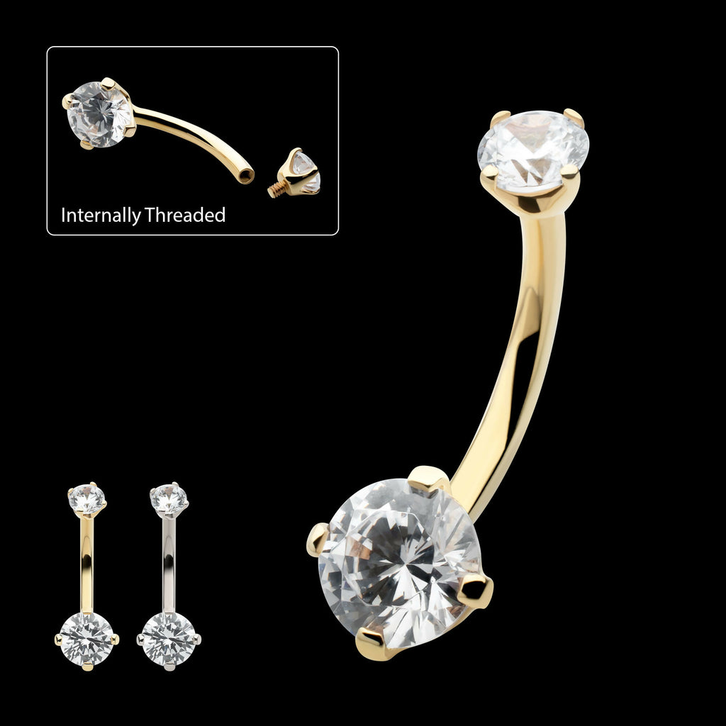 Internally Threaded Double Round 4-Prong Clear CZ Fixed Bottom Navel Earring / Nosering – 14Kt Gold