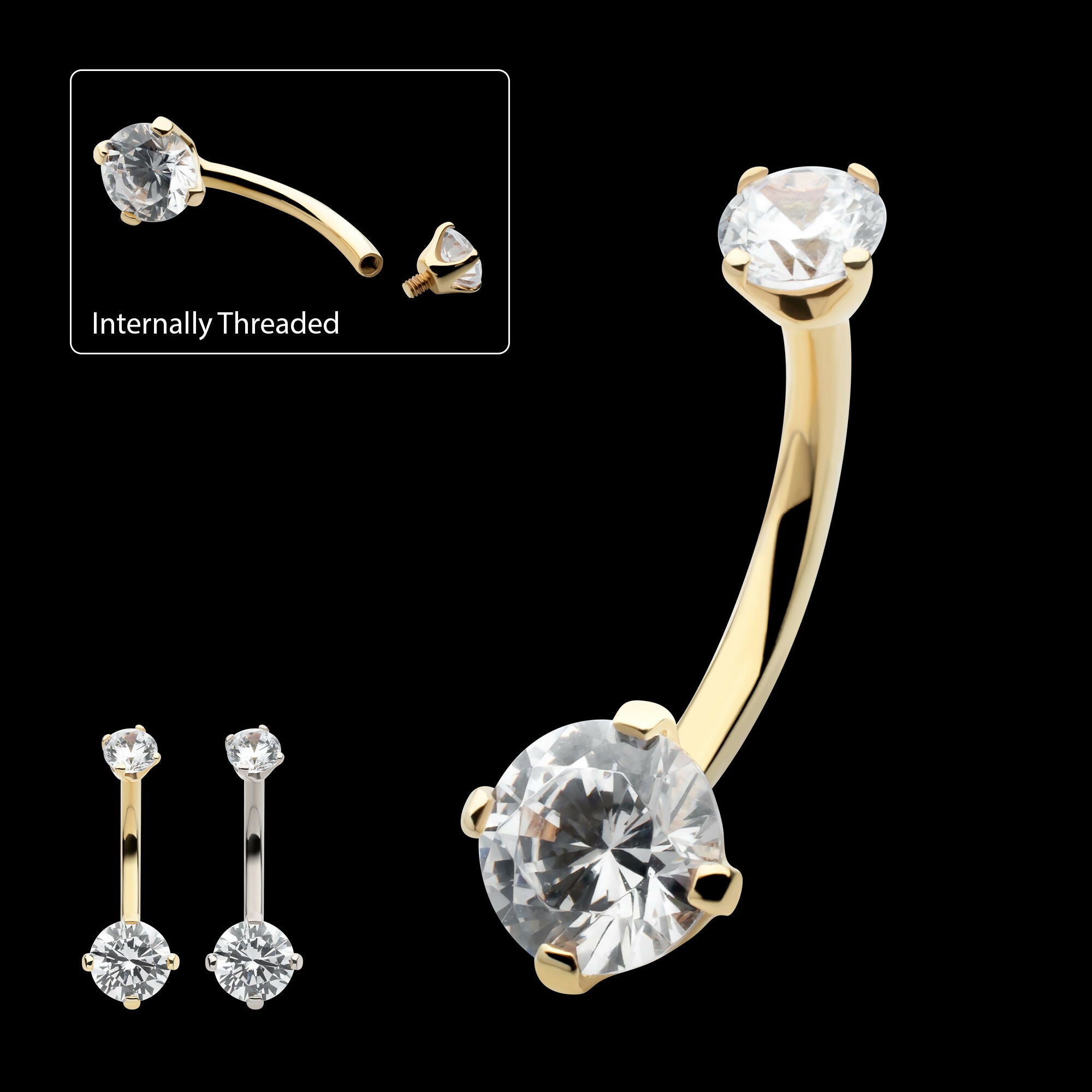 Internally Threaded Double Round 4-Prong Clear CZ Fixed Bottom Navel Earring / Nosering – 14Kt Gold