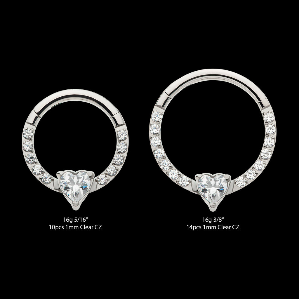1mm CNC Set Full Clear CZ & Big Heart CZ Front Facing Hinged Segment Clicker Hoop Earring / Nosering – Titanium