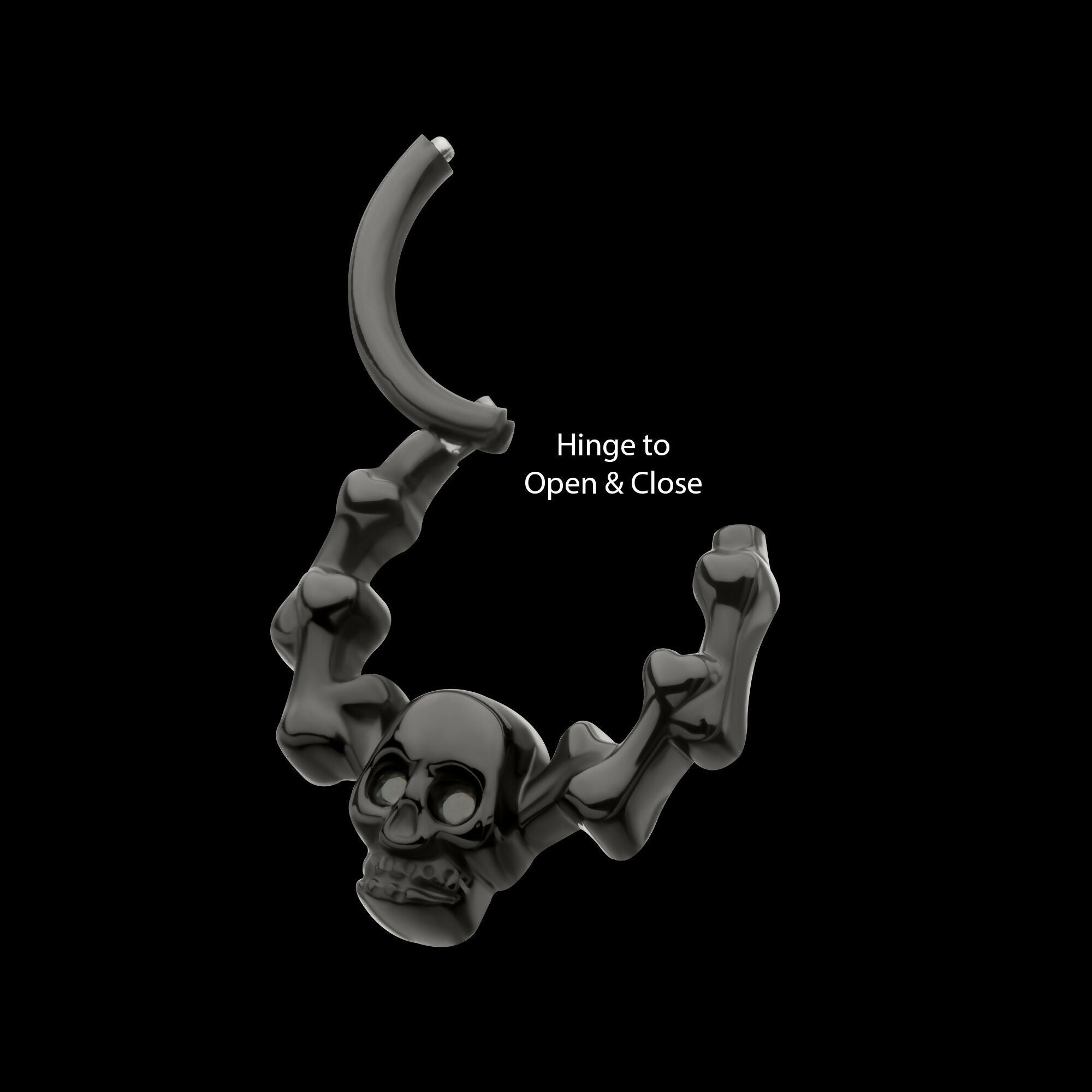 Black PVD Titanium Skull & Bone with Black CZ Gem Eyes Front Facing Hinged Segment Clicker Hoop Earring / Nosering