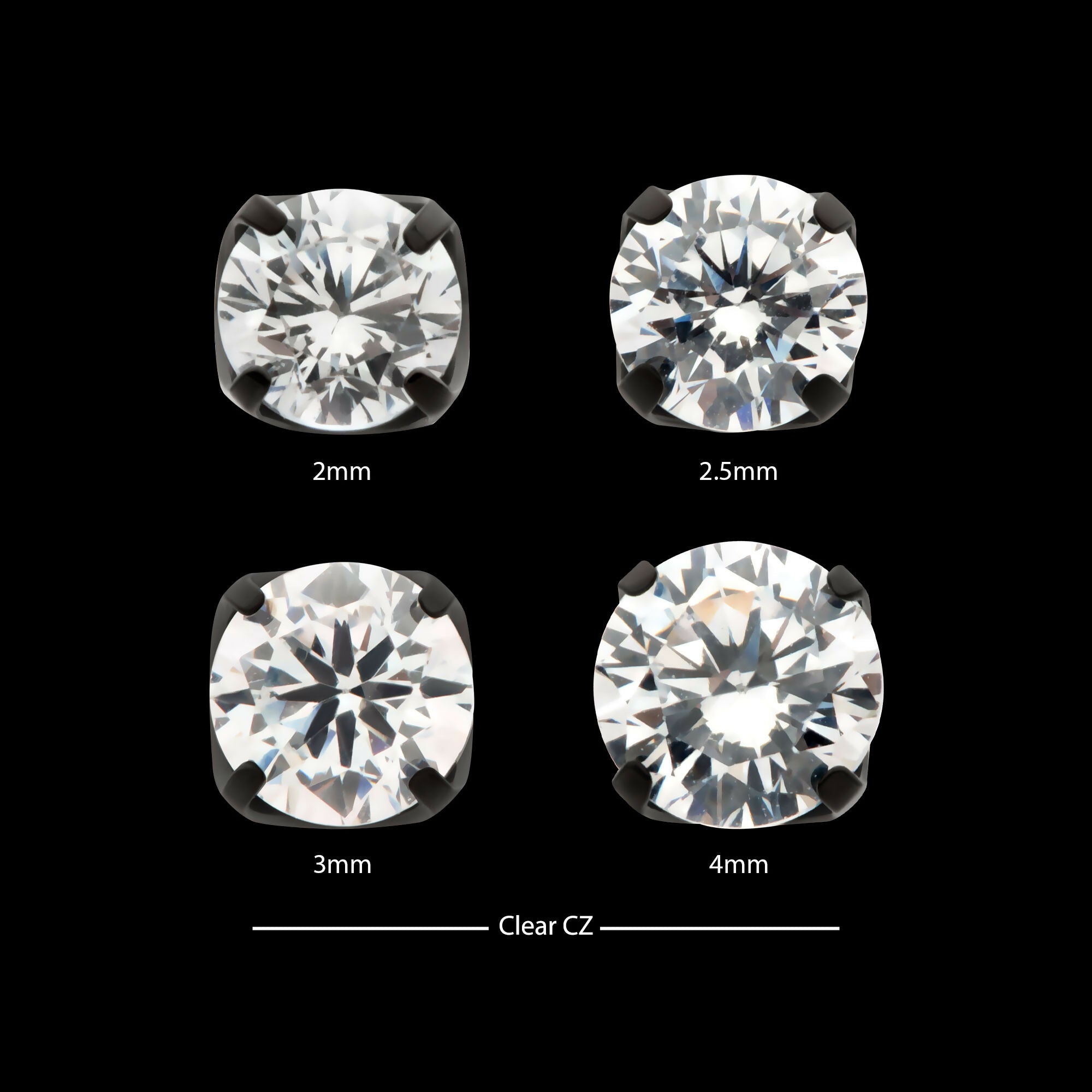 Black PVD Titanium Threadless 4-Prong CZ Front Facing Top