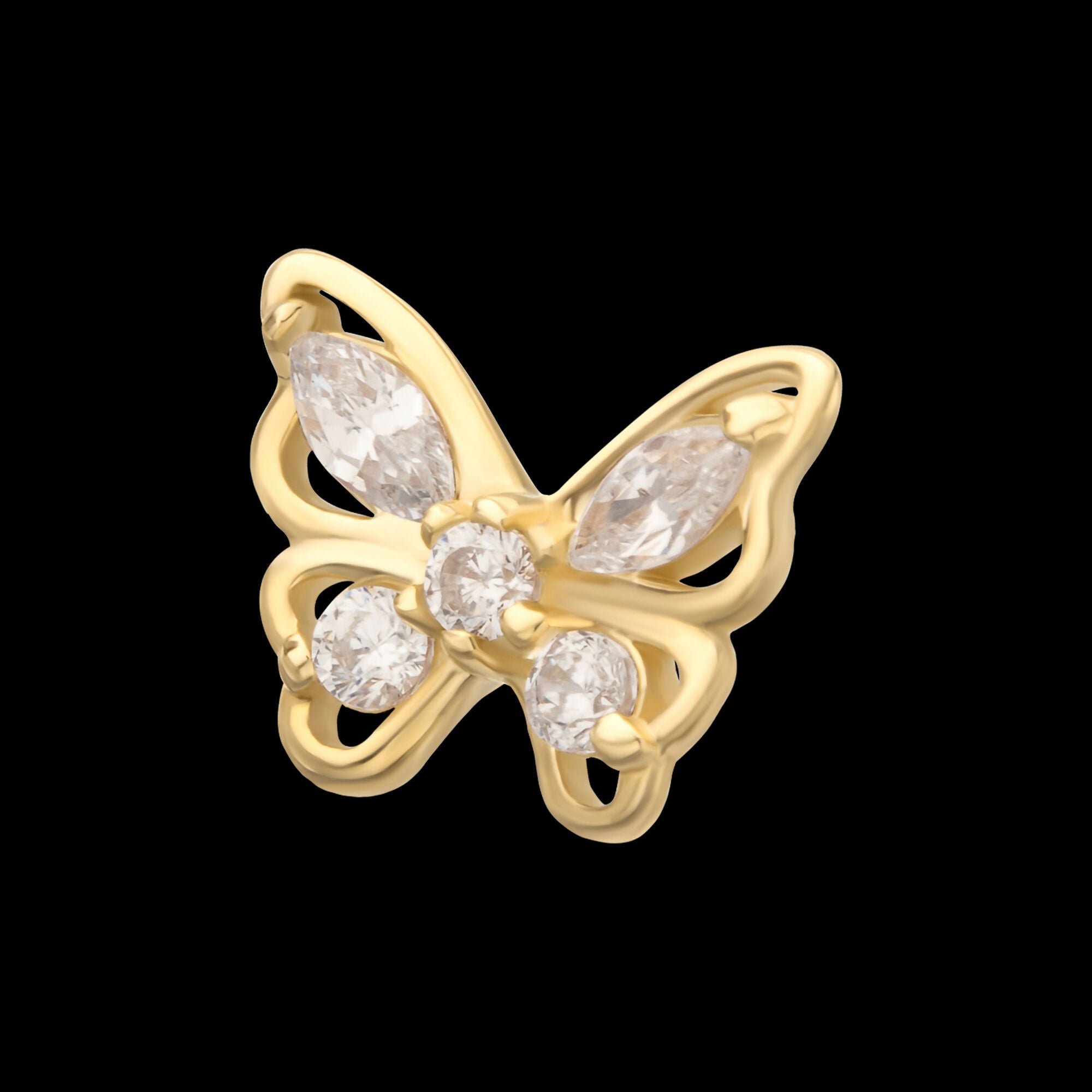 14Kt Gold Threadless 3D Butterfly Round & Marquise Gem Top