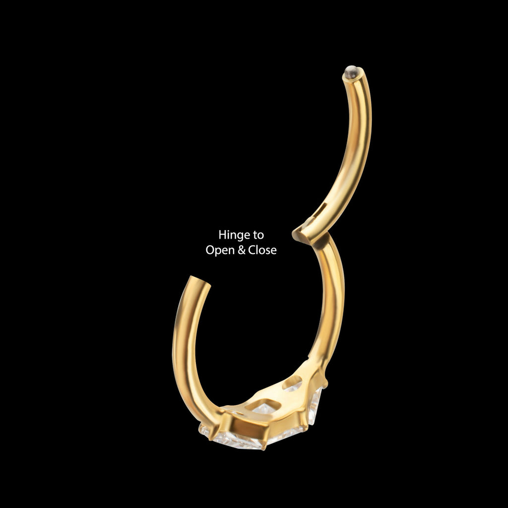 24Kt Gold PVD Titanium Linear Princess & Round Trio Gem Side Facing Hinged Segment Clickers Hoop Earring / Nosering