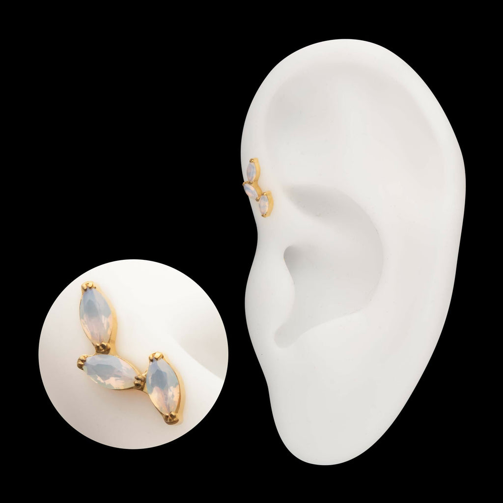 24Kt Gold PVD Titanium Threadless Vine Shape Top with 3-Tier Full Opalite Marquise