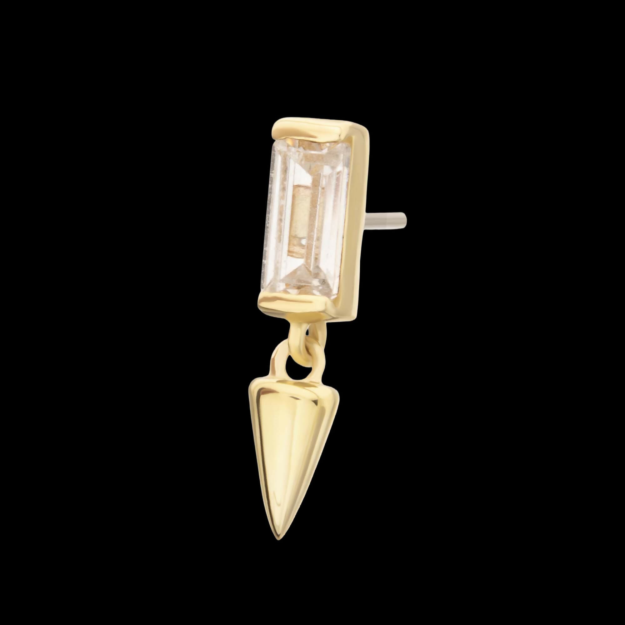 14Kt Gold Threadless Bezel Baguette Gem Top with Spike Dangle