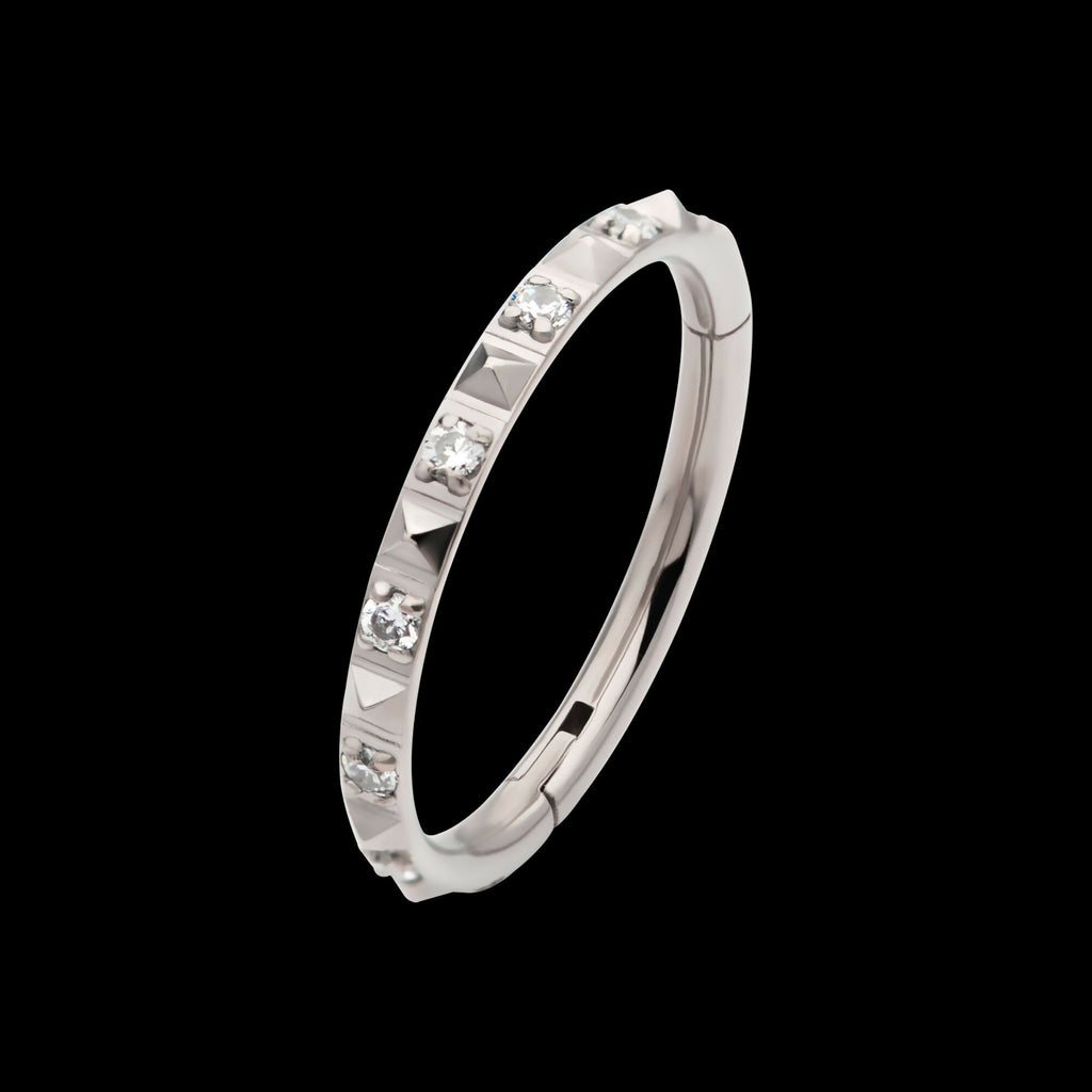 Alternating CZ & Pyramid Stud Side Facing Hinged Segment Clicker Hoop Earring / Nosering – Titanium