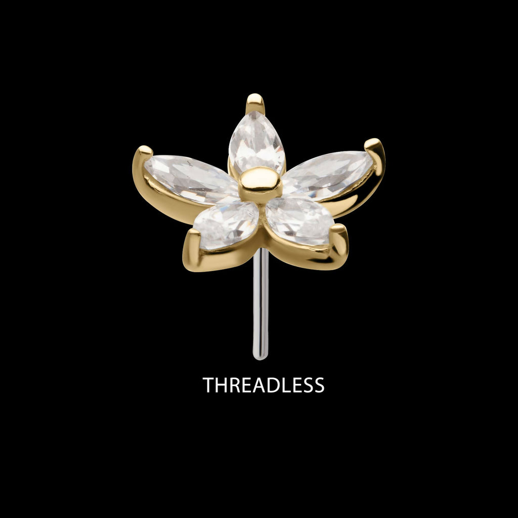 14Kt Gold Threadless Flower Top with 5 Petal Marquise Prong Set Gem