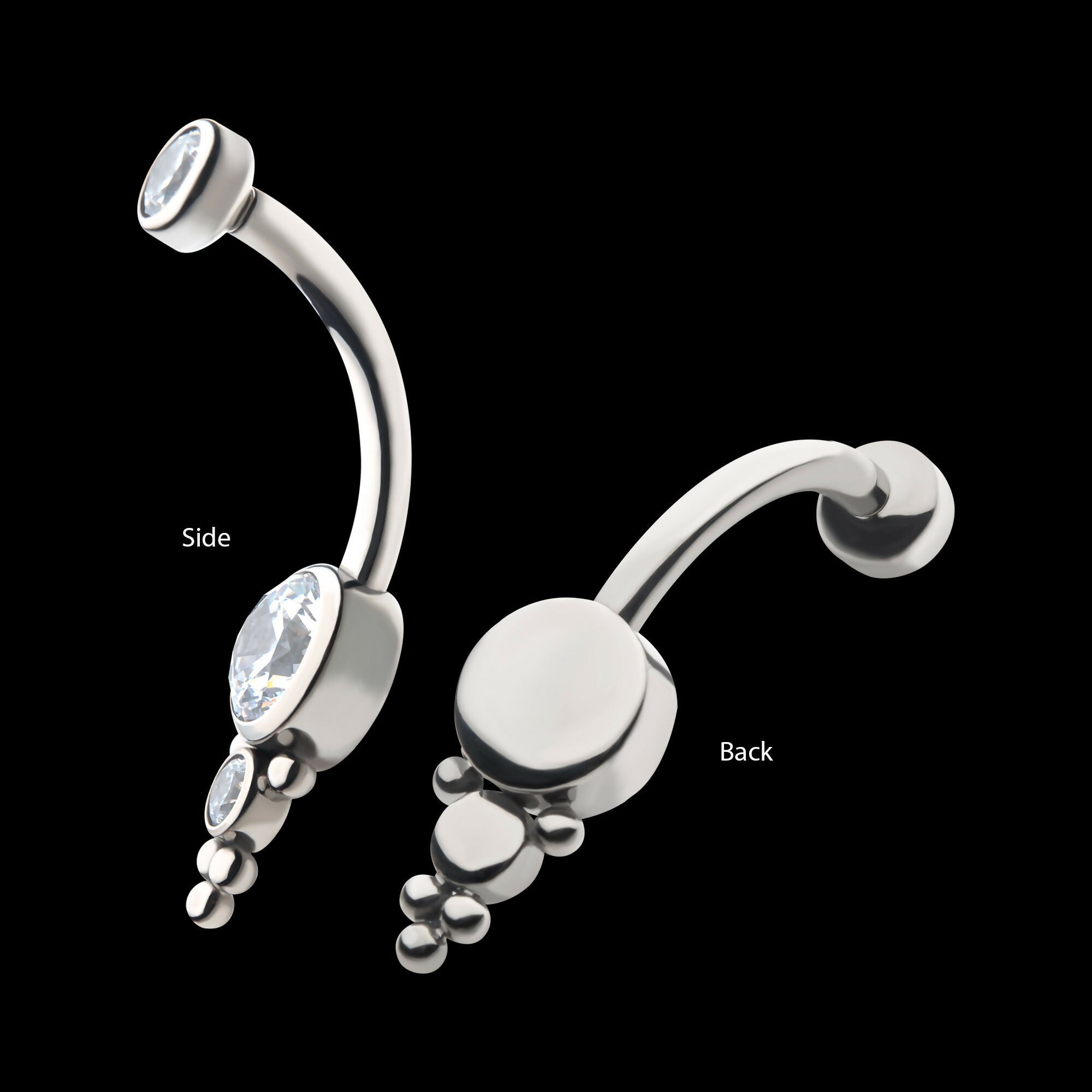 Internally Threaded with Tri Bead Bezel Set CZ Cluster Navel Curve Earring / Nosering – Titanium