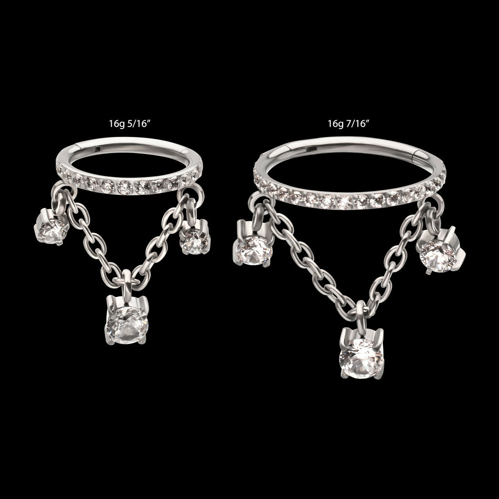 Pave Gem Hoop with Three Prong Set Gem Chain Dangle Hinged Segment Clicker Earring / Nosering – Titanium