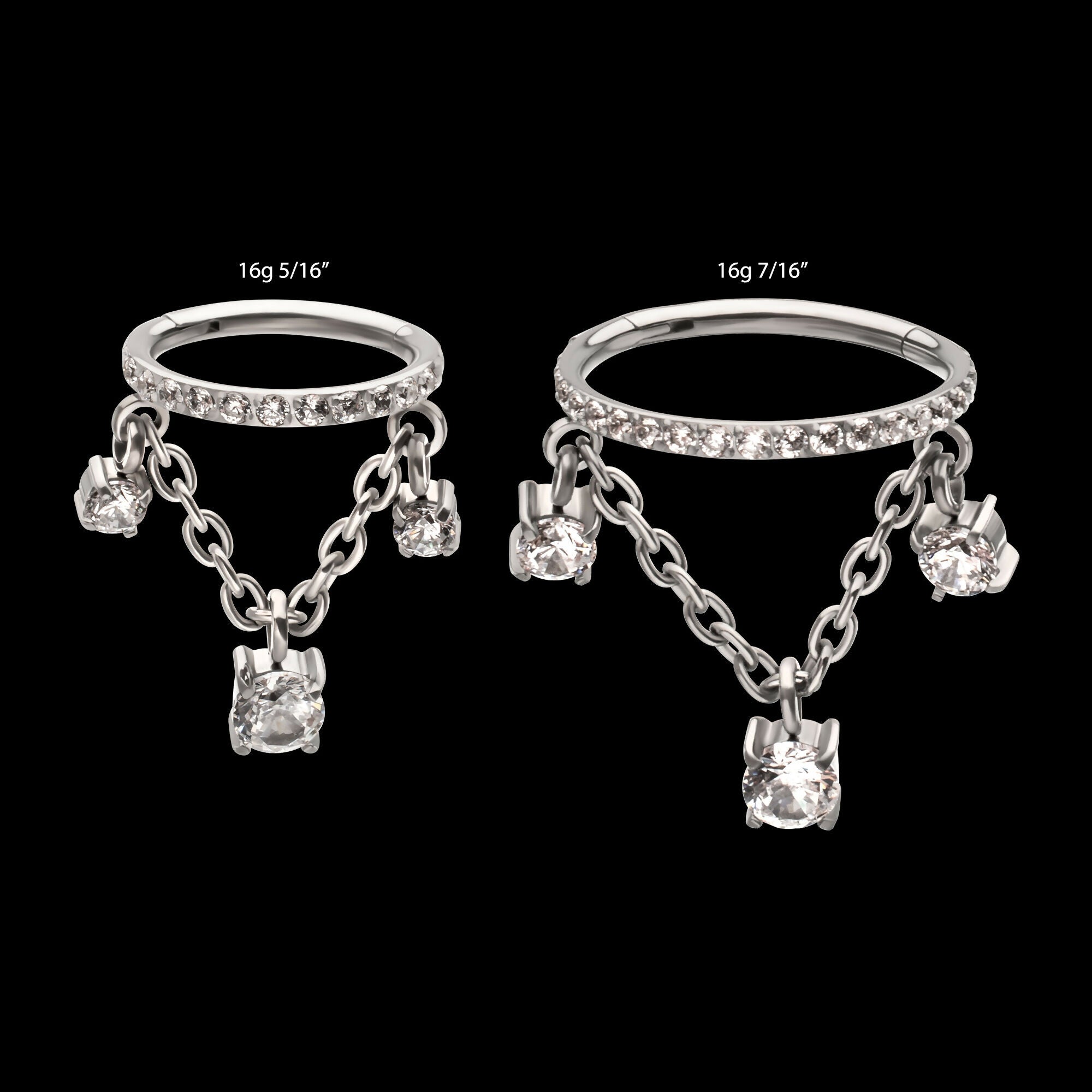 Pave Gem Hoop with Three Prong Set Gem Chain Dangle Hinged Segment Clicker Earring / Nosering – Titanium